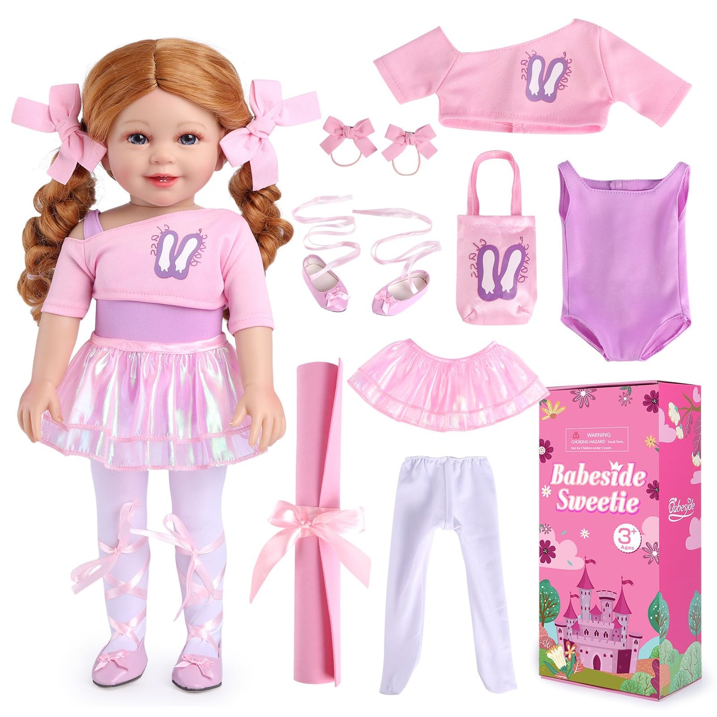 BABESIDE American 18-Inch Ballerina Doll – Blue Eyes, Golden-Red Hair, Ballet Dress & Accessories