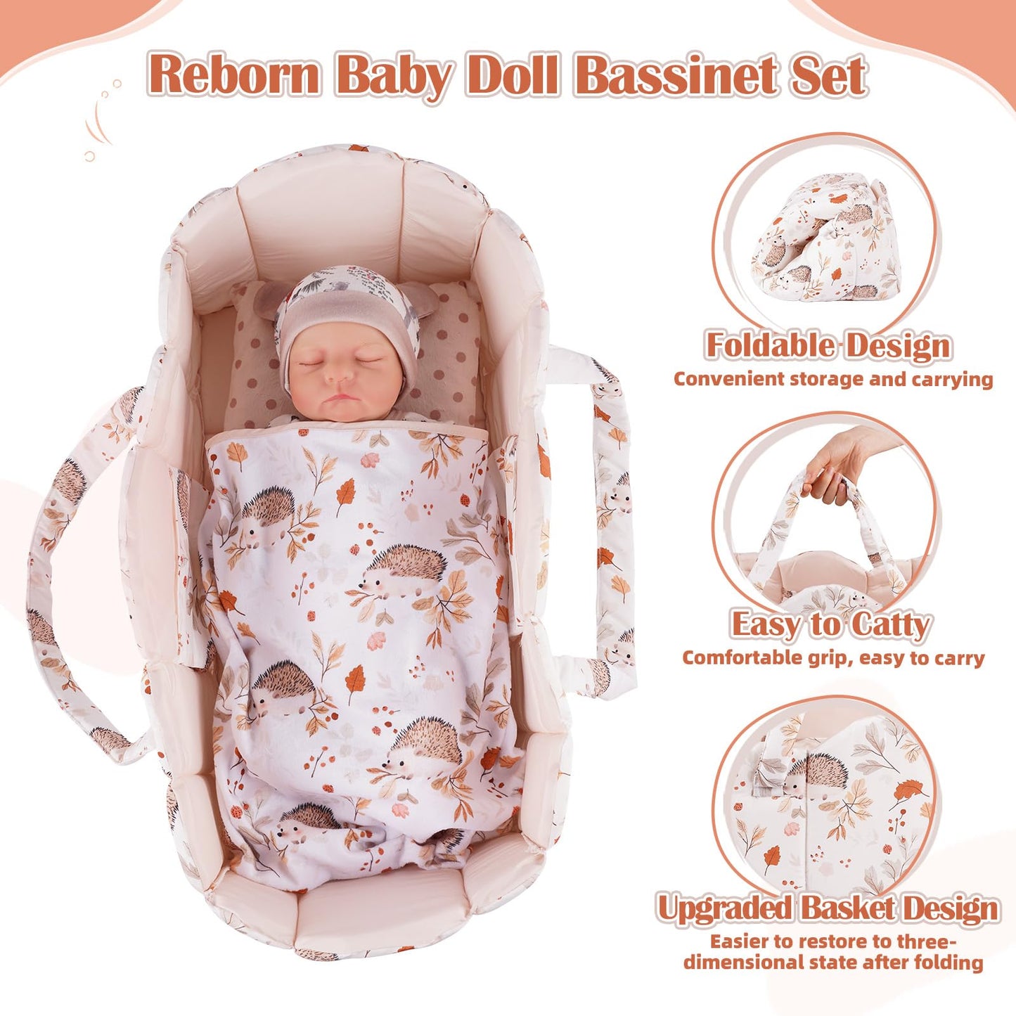 BABESIDE 3 Pcs Baby Doll Bassinet & Bedding Set for 17–22 Inch Dolls | Off-White