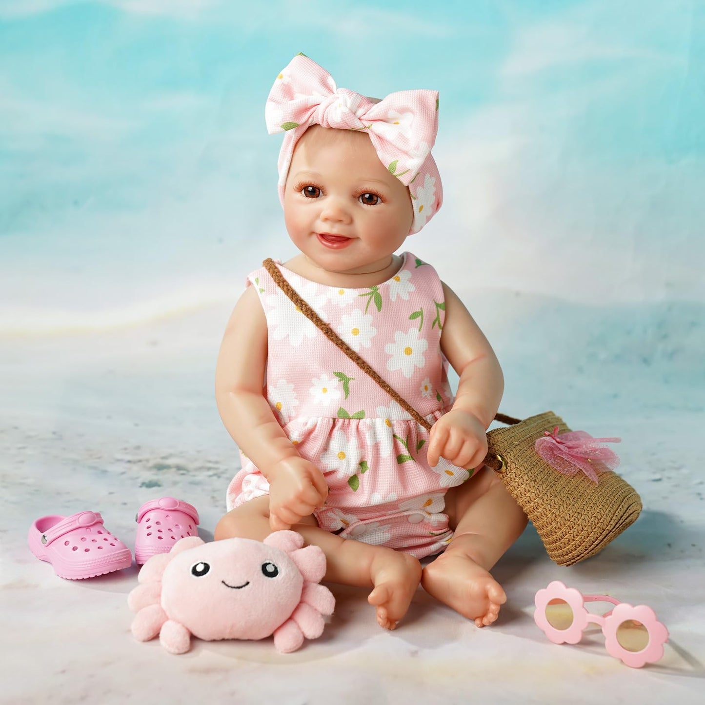 BABESIDE 16-20 Inch Reborn Baby Doll Clothes Set – Summer Floral Pink Outfit with Shoes & Accessories