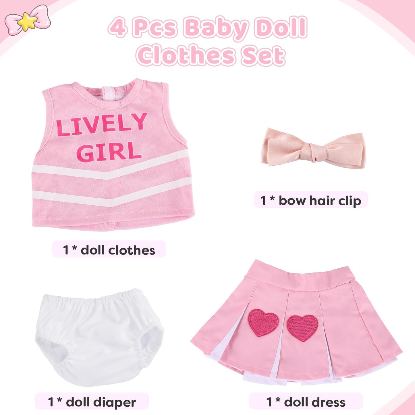 BABESIDE 4 Pcs Reborn Baby Doll Clothes Set for 17-22 Inch Dolls – Heart Pattern Outfit with Bow Hair Clip & Diaper