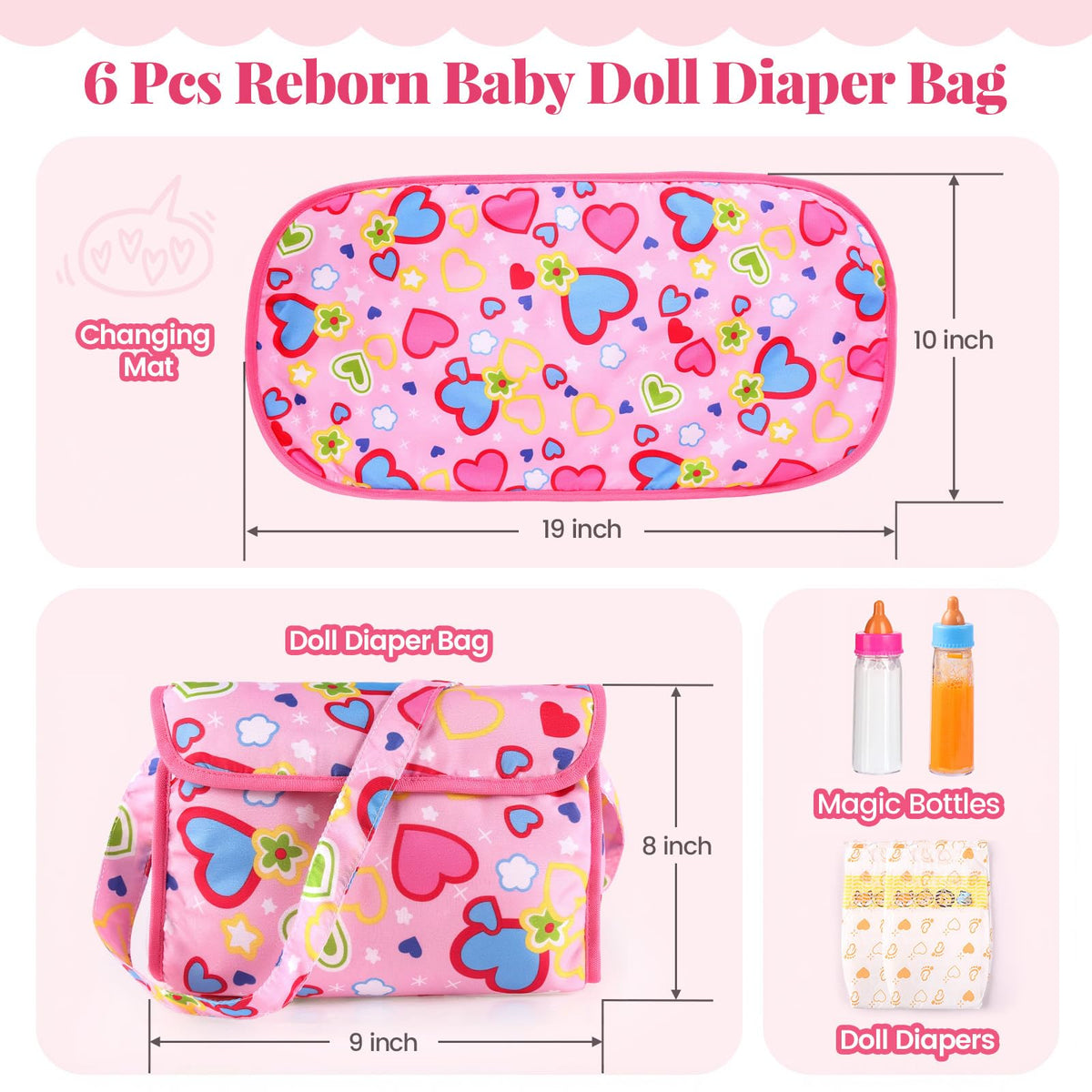 BABESIDE 5 Pcs Baby Doll Diaper Bag Set with Magic Bottles for 12-16 Inch Dolls