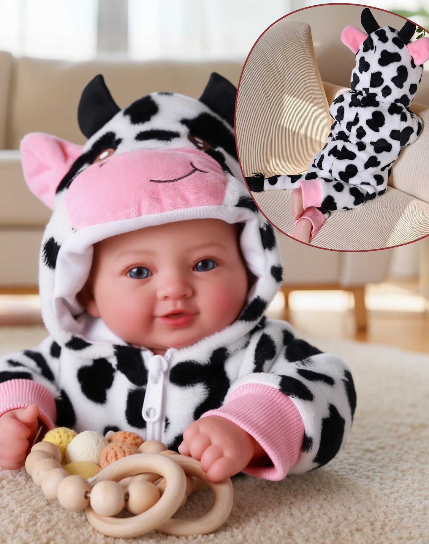 BABESIDE Baby Doll Girl - 17-Inch Realistic Doll with Cow Outfit for Ages 3+