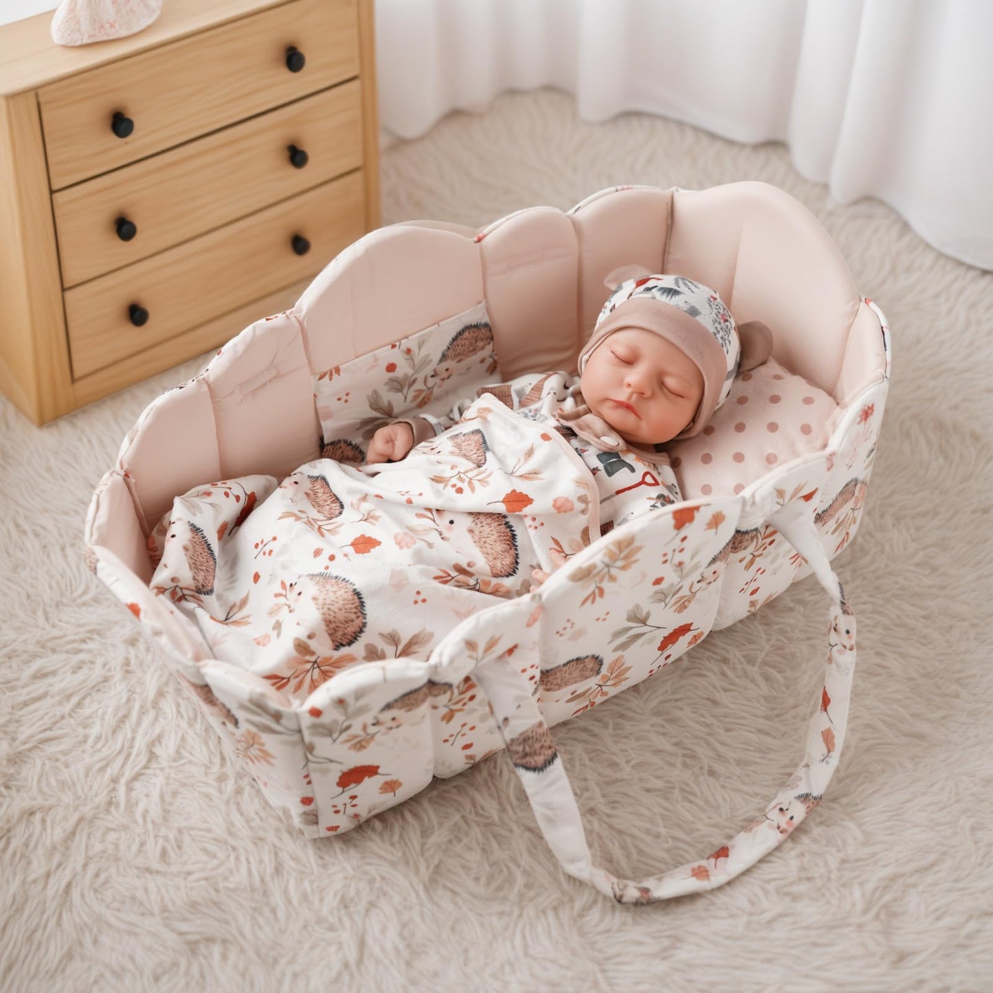 BABESIDE 3 Pcs Baby Doll Bassinet & Bedding Set for 17–22 Inch Dolls | Off-White