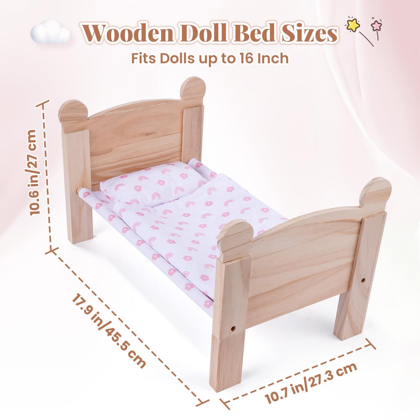 BABESIDE 3 Pcs Baby Doll Crib with Bedding Set — Wooden Doll Bed for 12-16 Inch Dolls