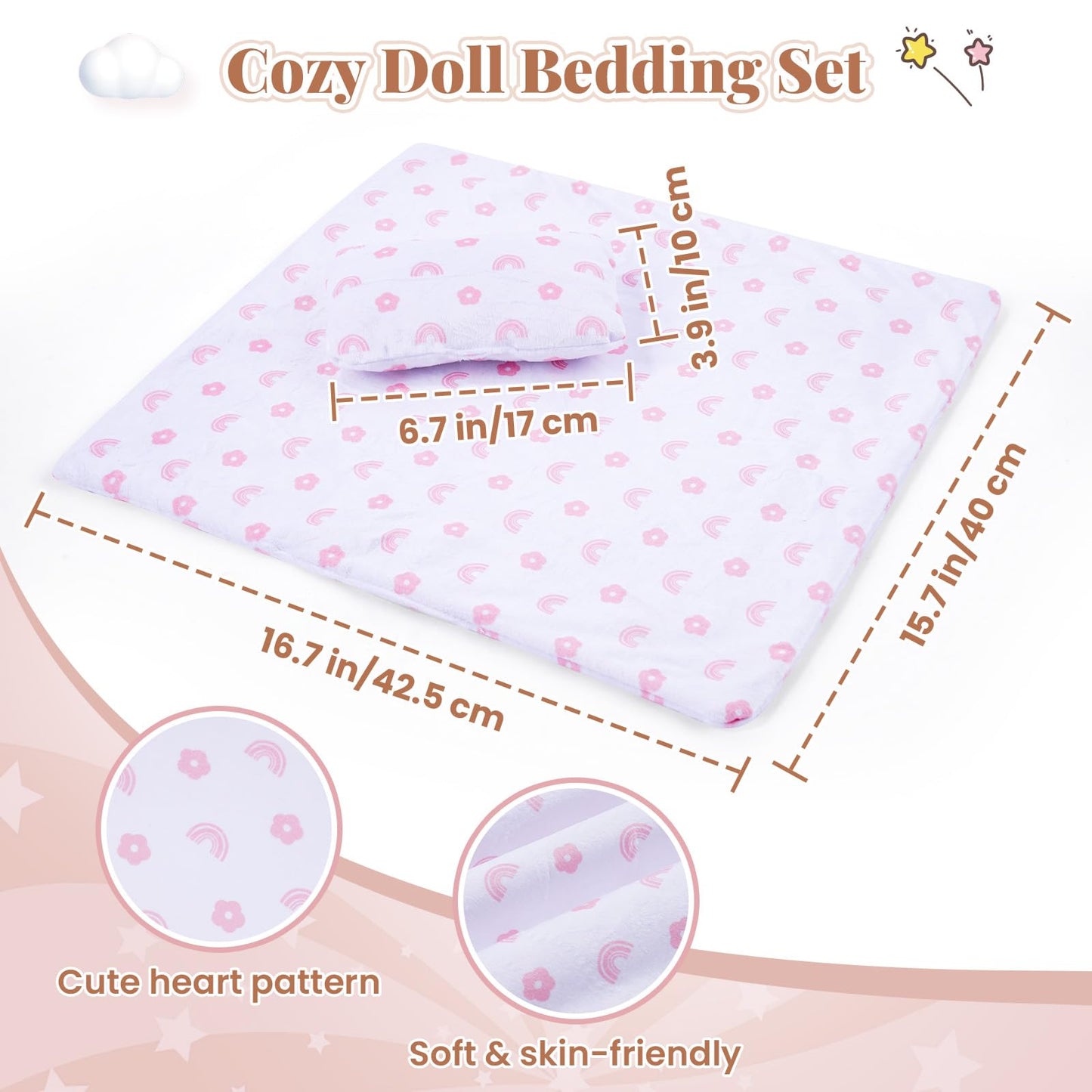 BABESIDE 3 Pcs Baby Doll Crib with Bedding Set — Wooden Doll Bed for 12-16 Inch Dolls