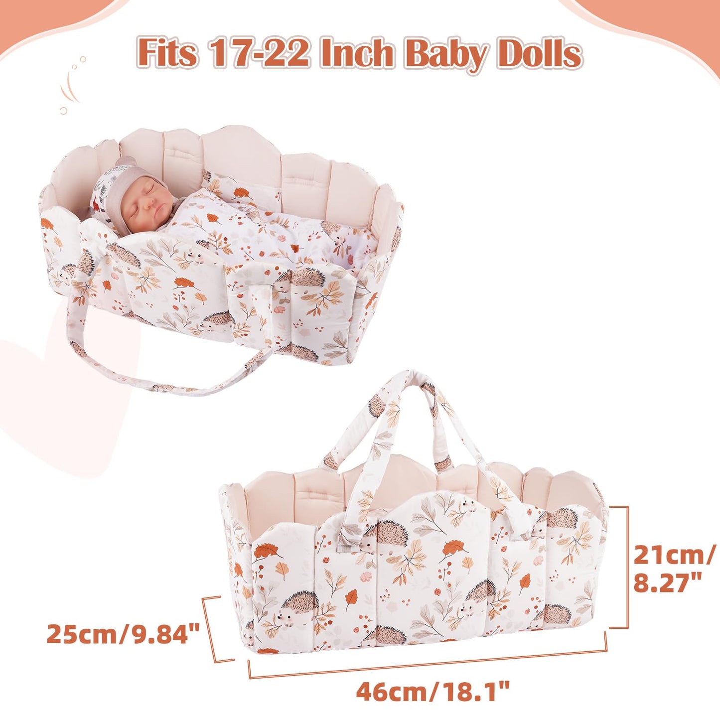 BABESIDE 3 Pcs Baby Doll Bassinet & Bedding Set for 17–22 Inch Dolls | Off-White