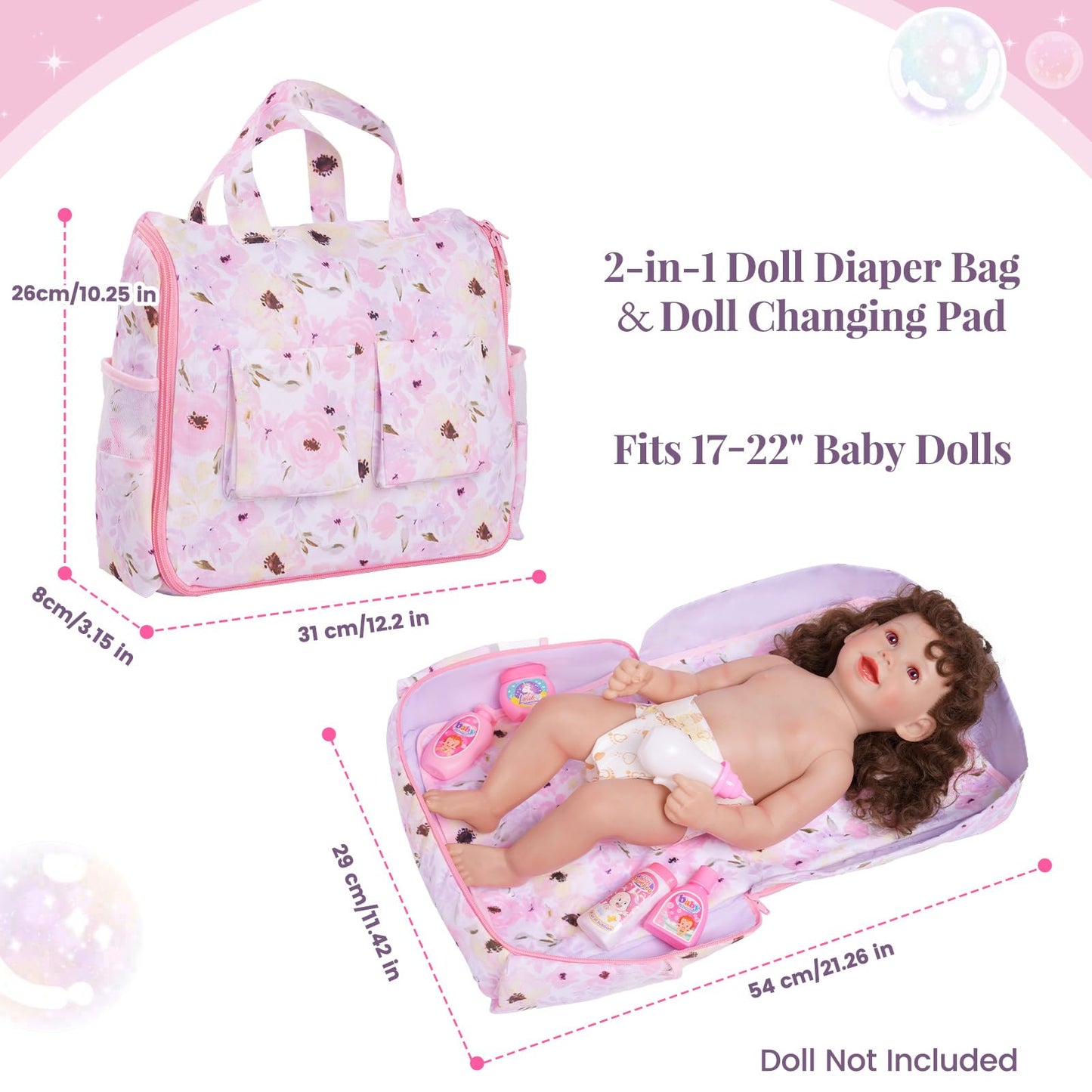 BABESIDE 10 Pcs Baby Doll Diaper Bag Set – 2-in-1 Bag & Changing Pad for 17–22 Inch Dolls