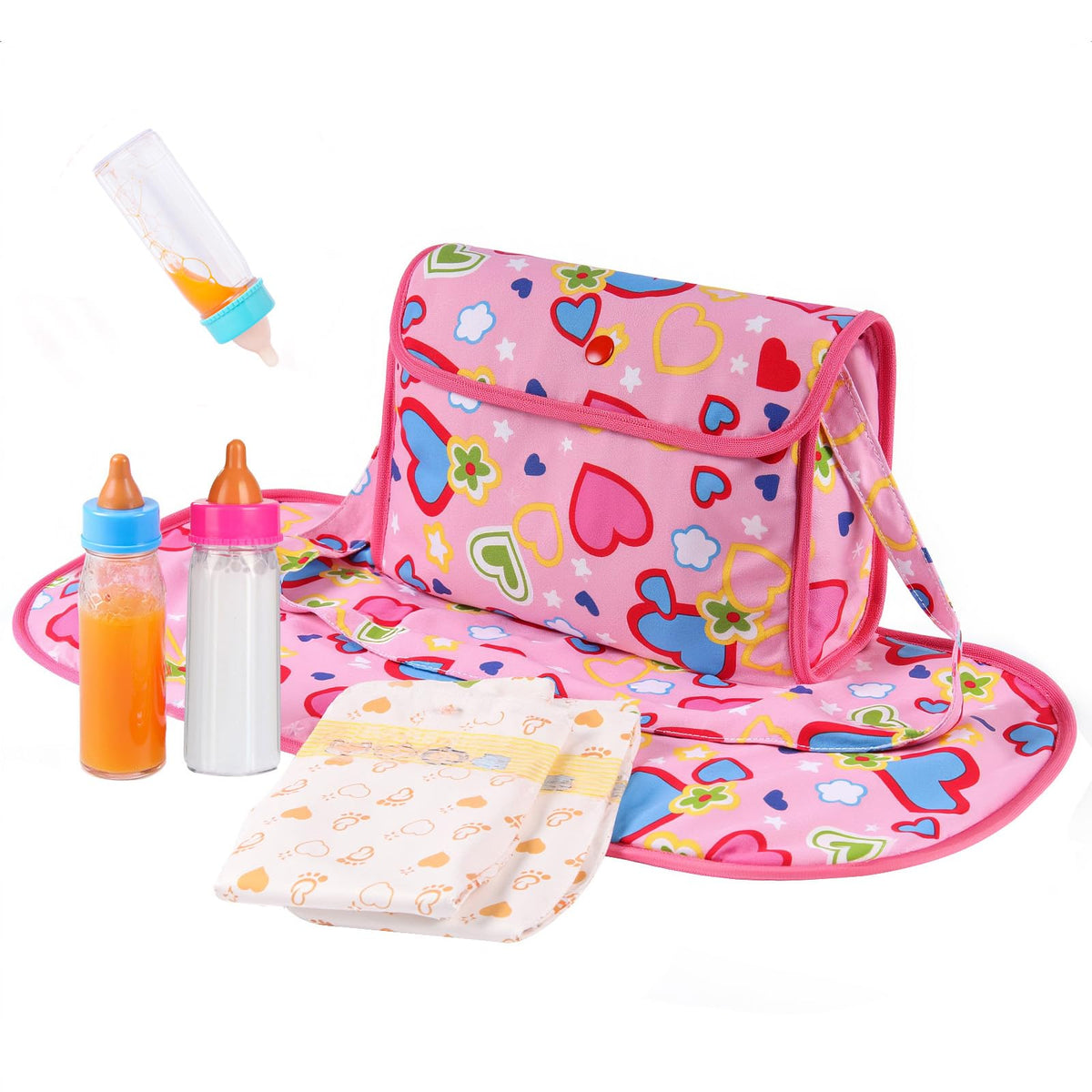 BABESIDE 5 Pcs Baby Doll Diaper Bag Set with Magic Bottles for 12-16 Inch Dolls