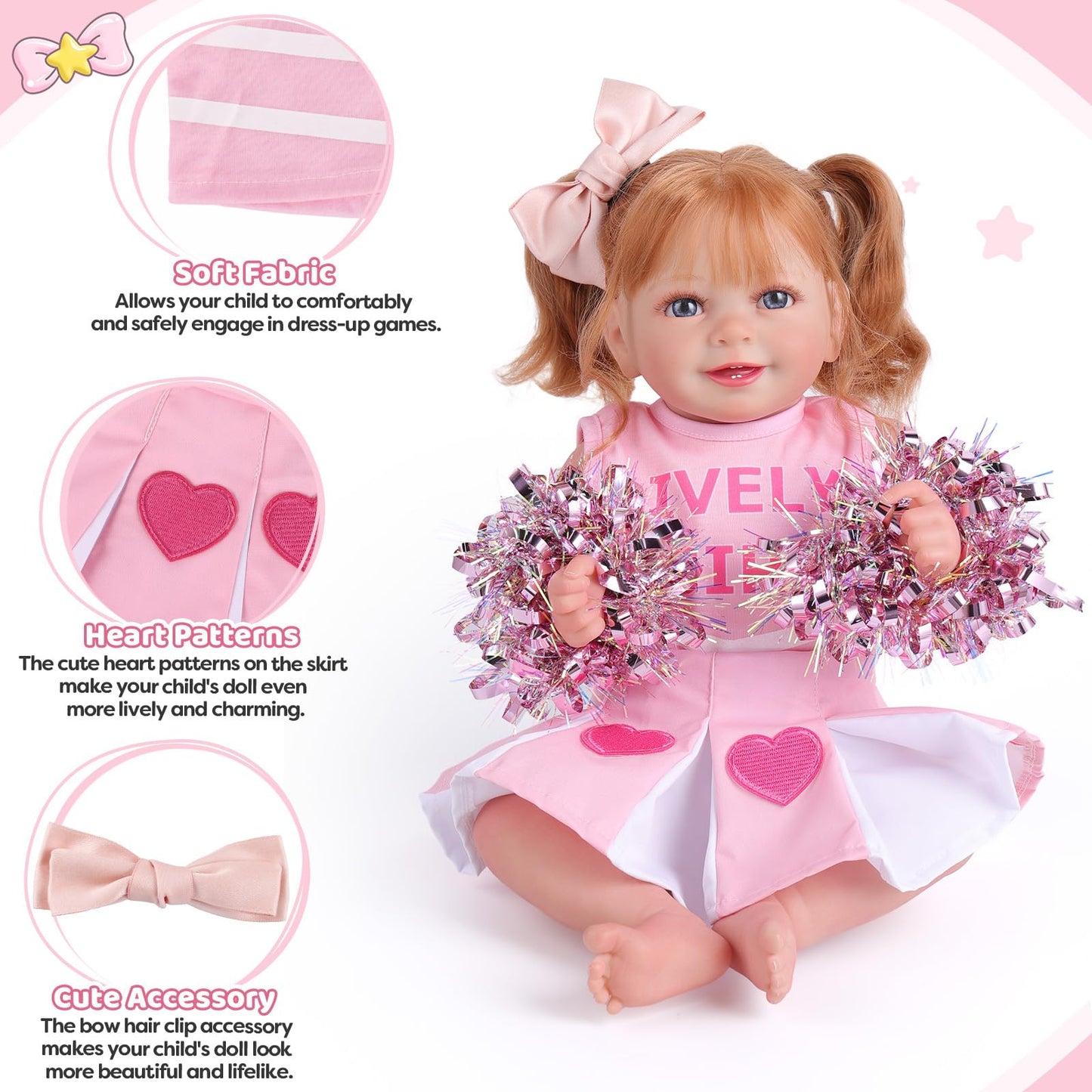 BABESIDE 4 Pcs Reborn Baby Doll Clothes Set for 17-22 Inch Dolls – Heart Pattern Outfit with Bow Hair Clip & Diaper