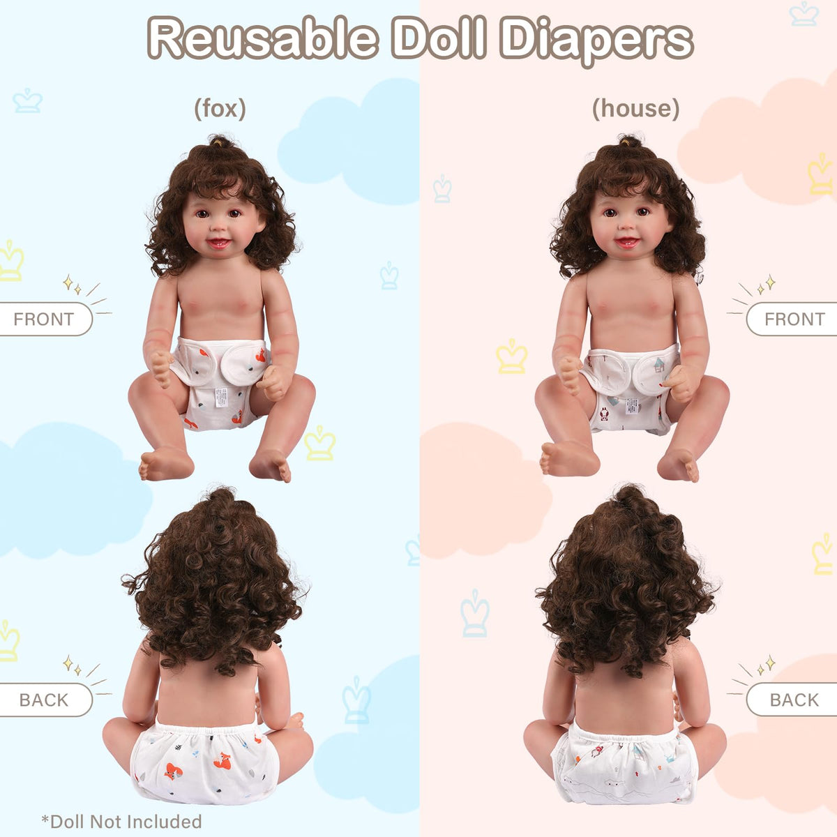 BABESIDE 4-Piece Reusable Doll Diapers for 17–24 Inch Dolls | Fits Reborn Baby Dolls