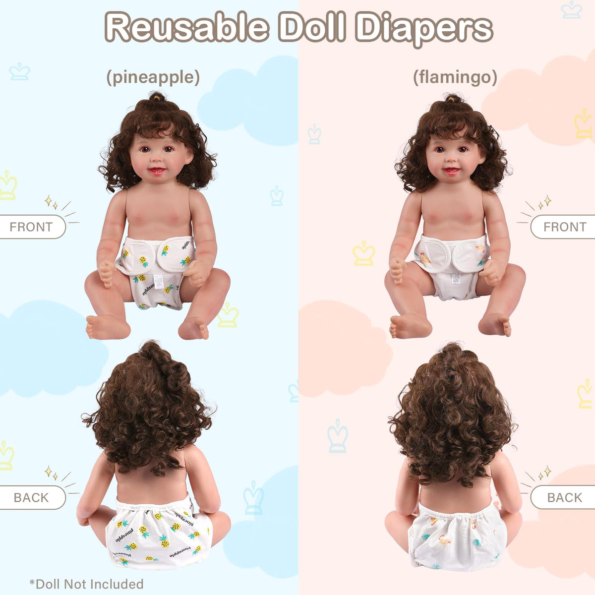 BABESIDE 4-Piece Reusable Doll Diapers for 17–24 Inch Dolls | Fits Reborn Baby Dolls