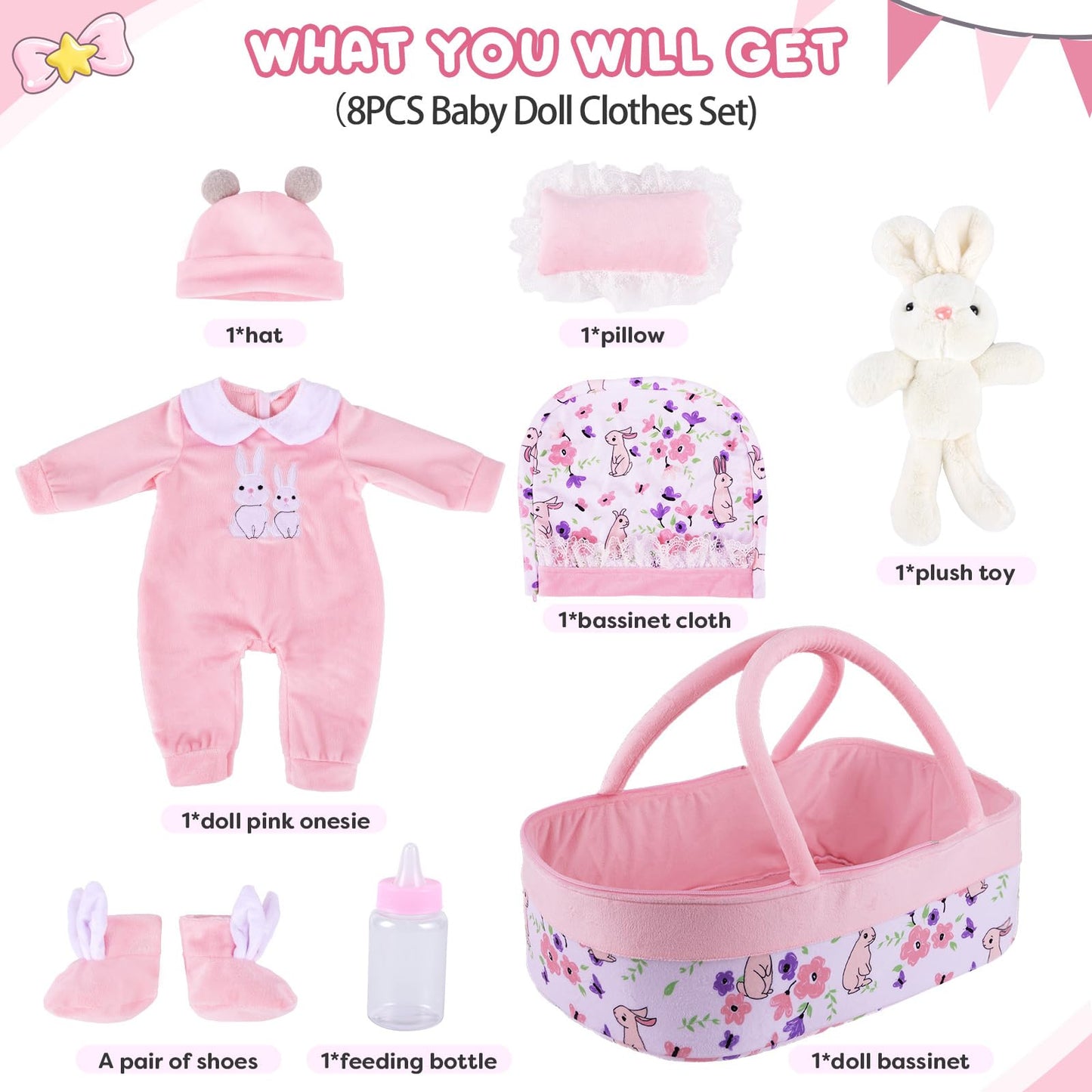 BABESIDE 8-Piece Reborn Doll Clothes with Bassinet for 17-22-Inch Dolls