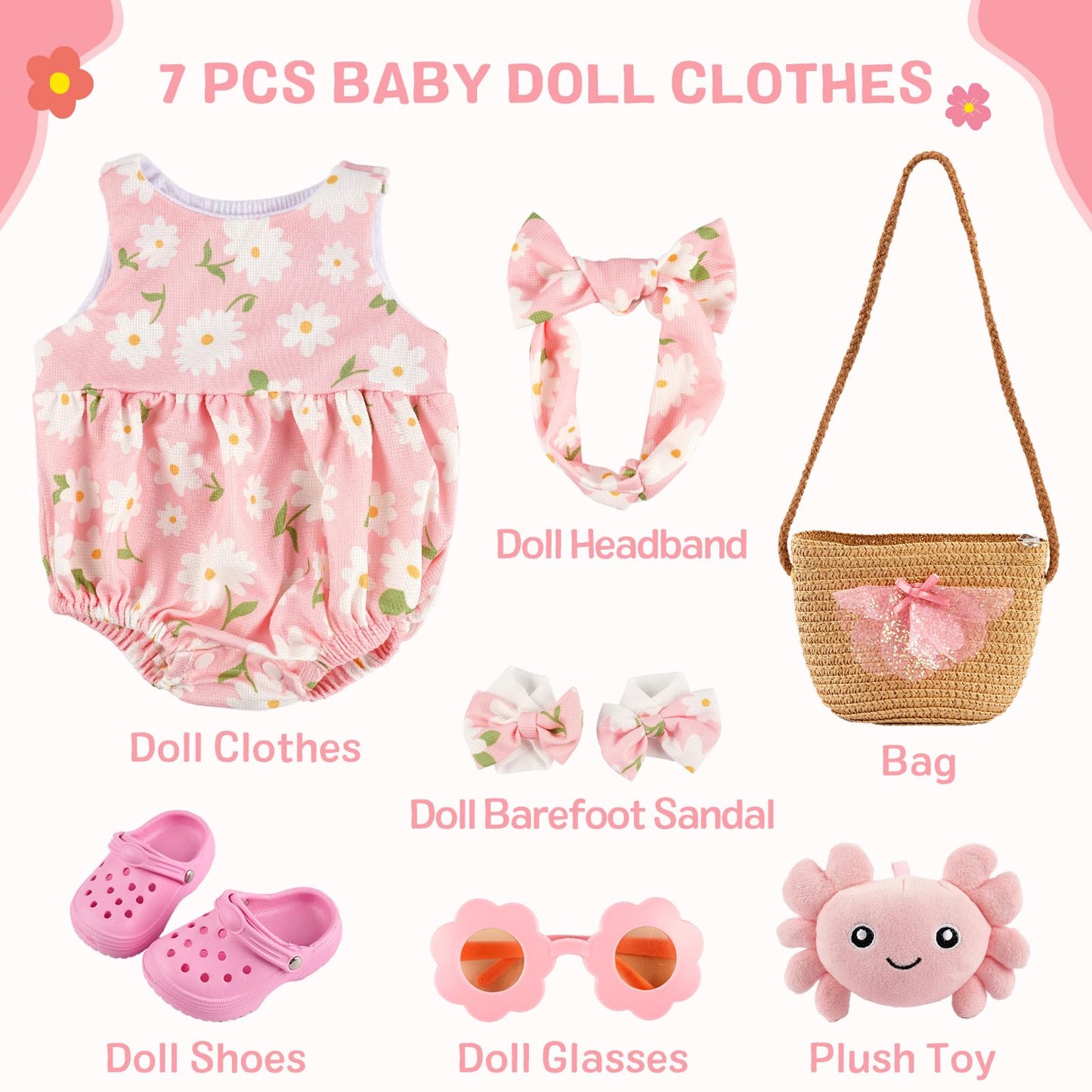 BABESIDE 16-20 Inch Reborn Baby Doll Clothes Set – Summer Floral Pink Outfit with Shoes & Accessories