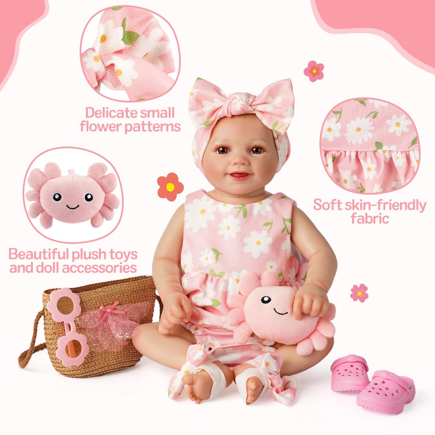 BABESIDE 16-20 Inch Reborn Baby Doll Clothes Set – Summer Floral Pink Outfit with Shoes & Accessories