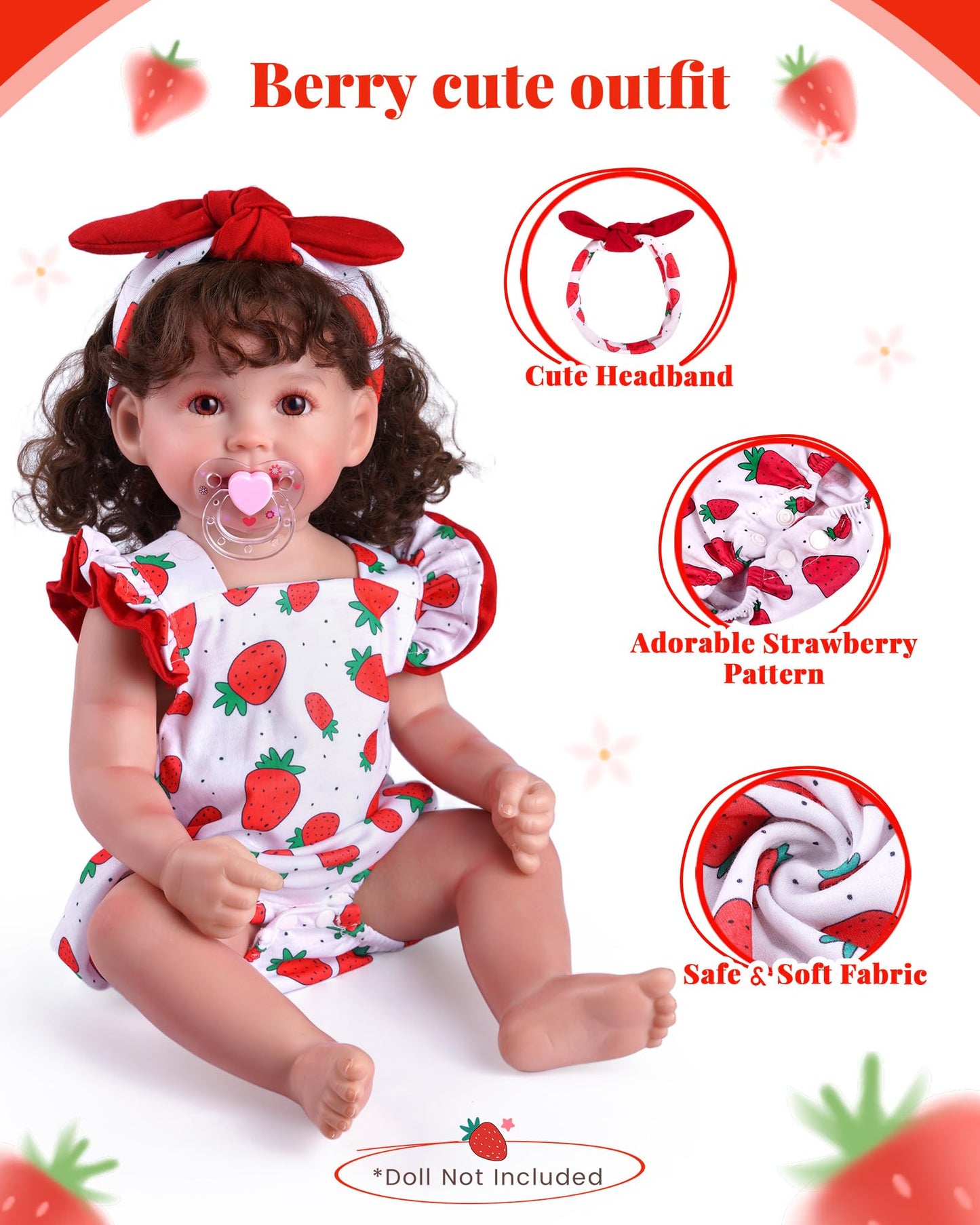 BABESIDE 3Pcs Reborn Doll Clothes for 17-22 Inch Dolls | Strawberry Outfit with Magnetic Pacifier