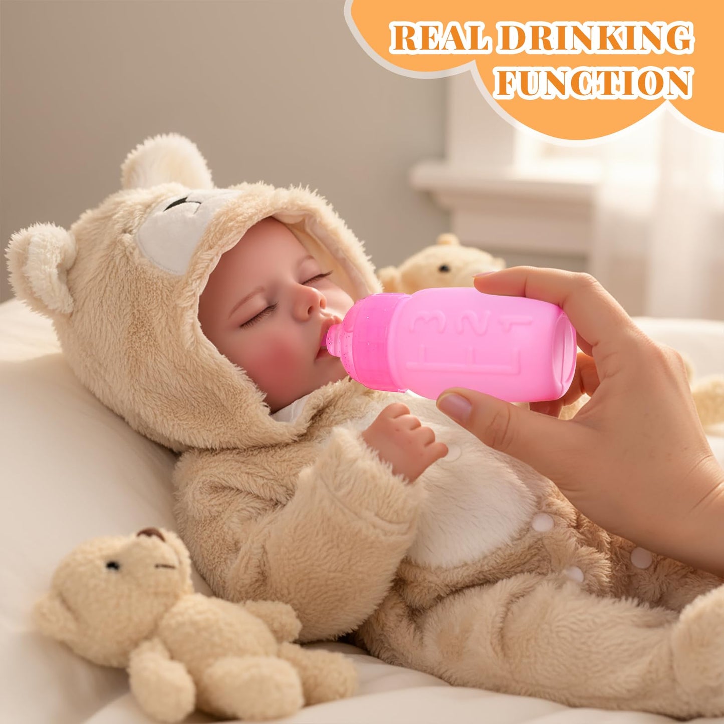 BABESIDE Drink & Wet Reborn Baby Doll – 17'' Realistic Sleeping Newborn in Soft Vinyl with Bear Outfit
