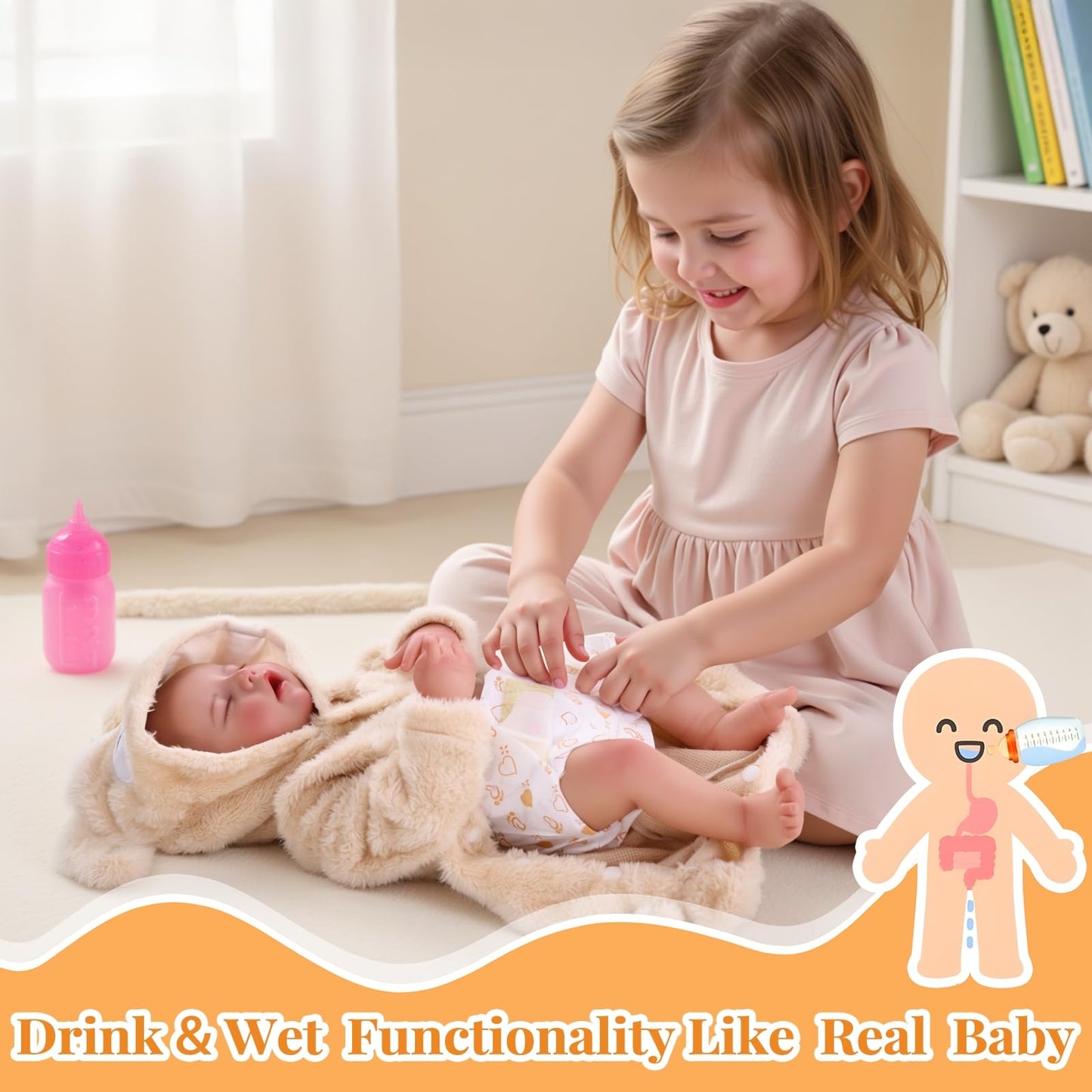 BABESIDE Drink & Wet Reborn Baby Doll – 17'' Realistic Sleeping Newborn in Soft Vinyl with Bear Outfit