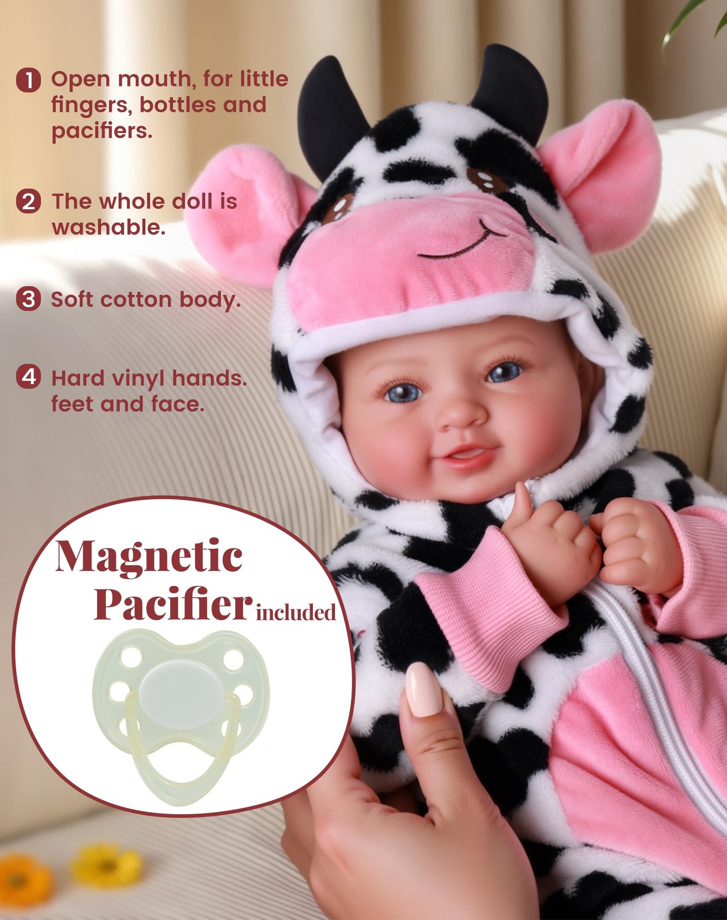 BABESIDE Baby Doll Girl - 17-Inch Realistic Doll with Cow Outfit for Ages 3+