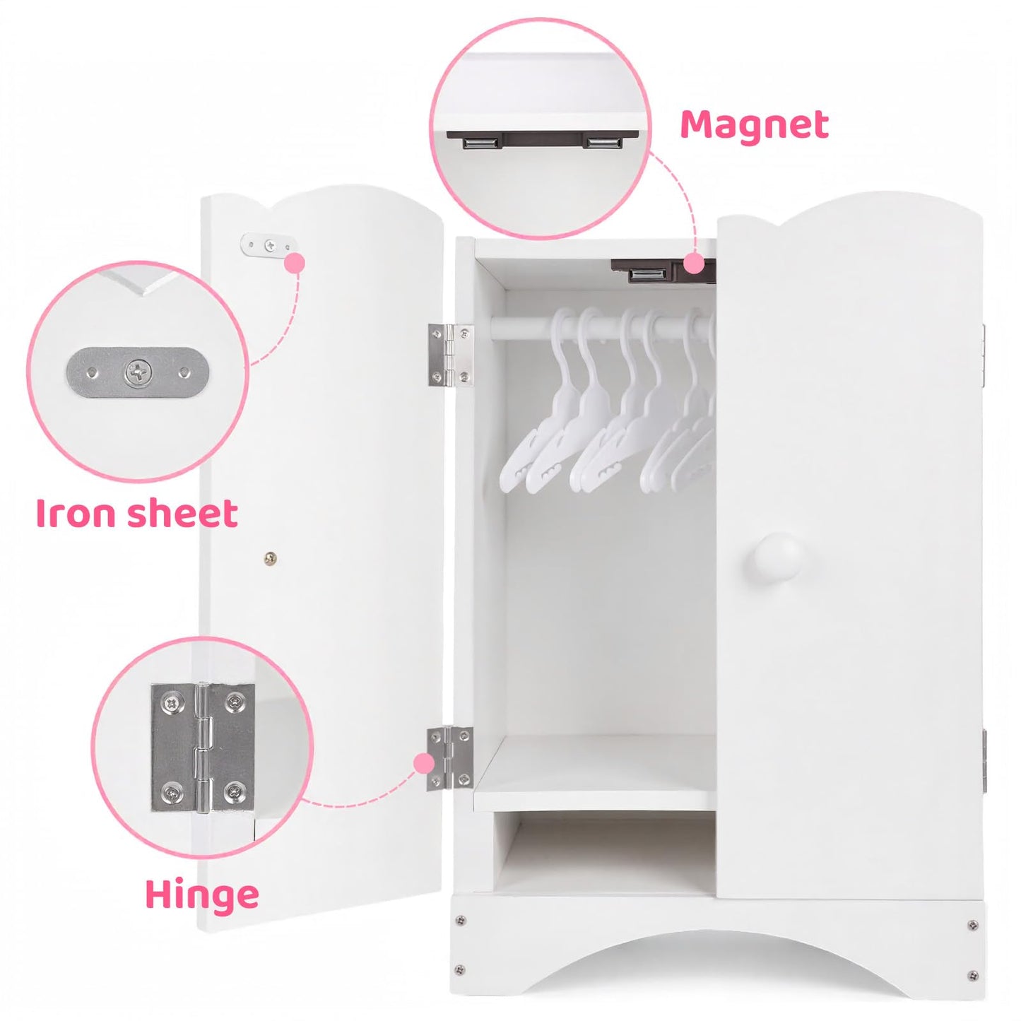 BABESIDE Wooden Doll Closet for 12-16 Inch Dolls | Wardrobe with 10 Hangers