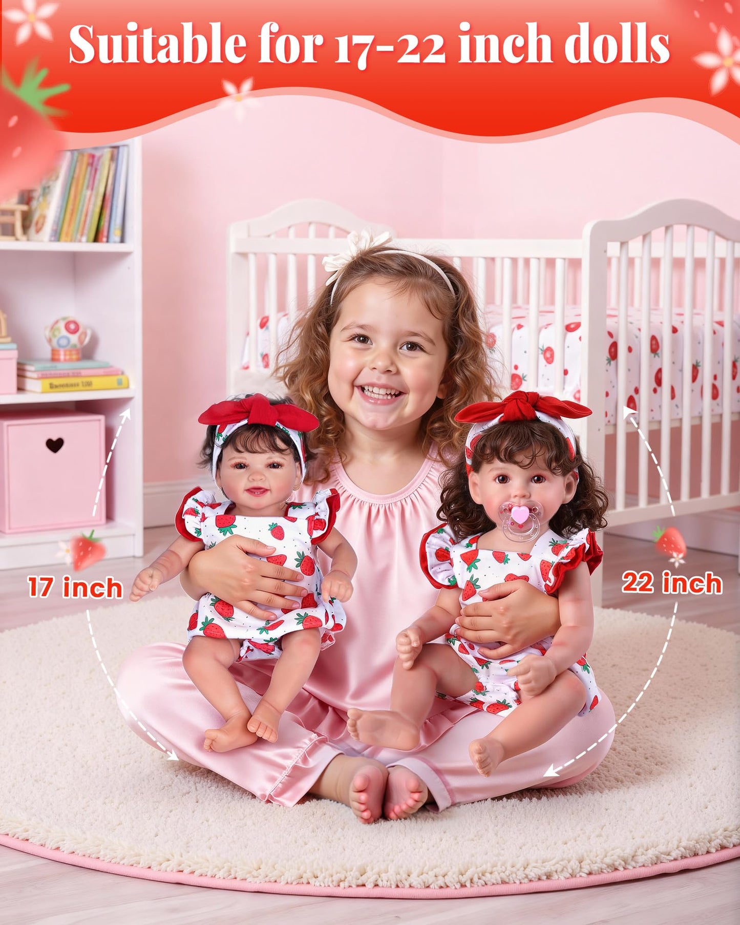 BABESIDE 3Pcs Reborn Doll Clothes for 17-22 Inch Dolls | Strawberry Outfit with Magnetic Pacifier
