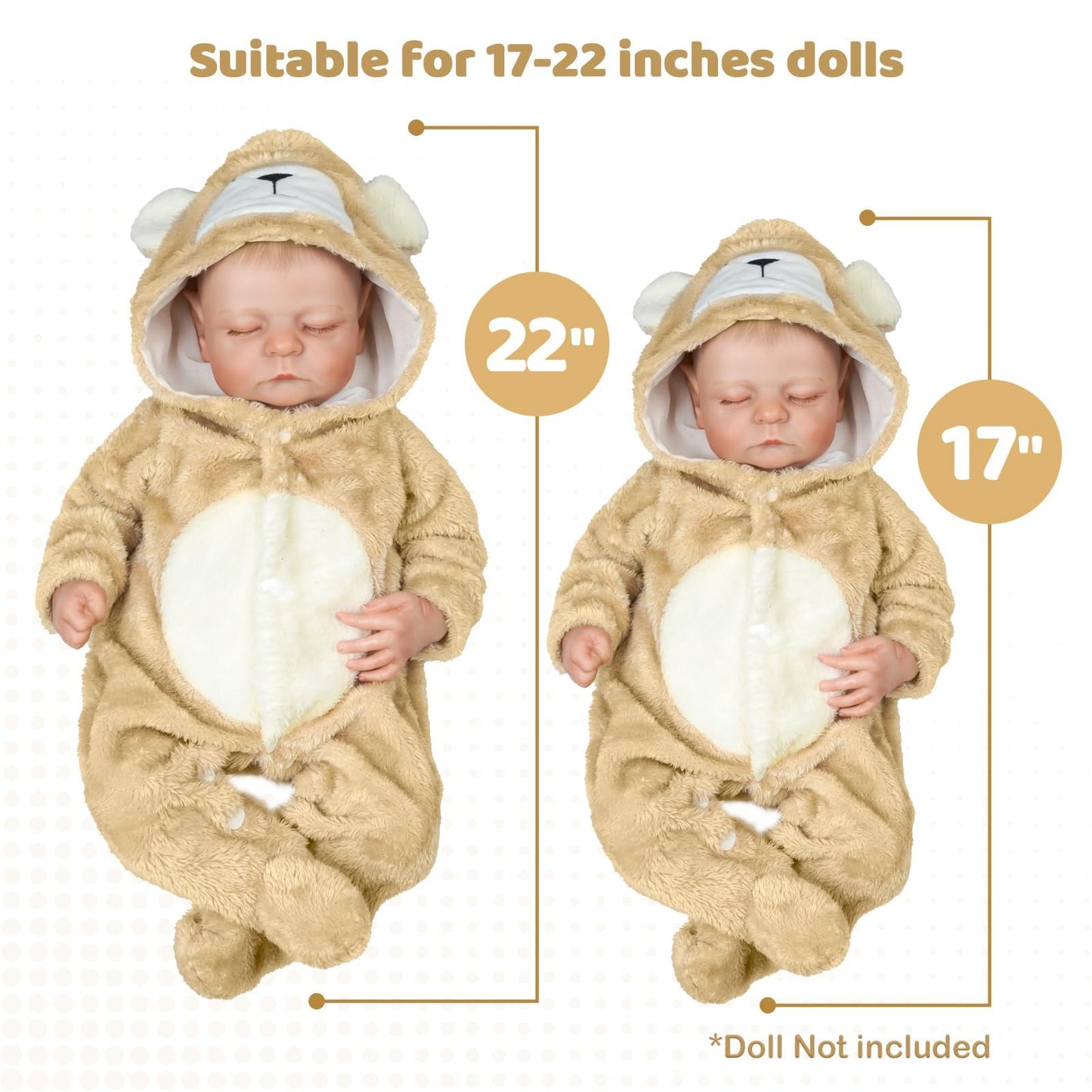 BABESIDE Reborn Baby Doll Clothes Set for 17-22 Inch Dolls — Khaki Bear Onesie & Hat