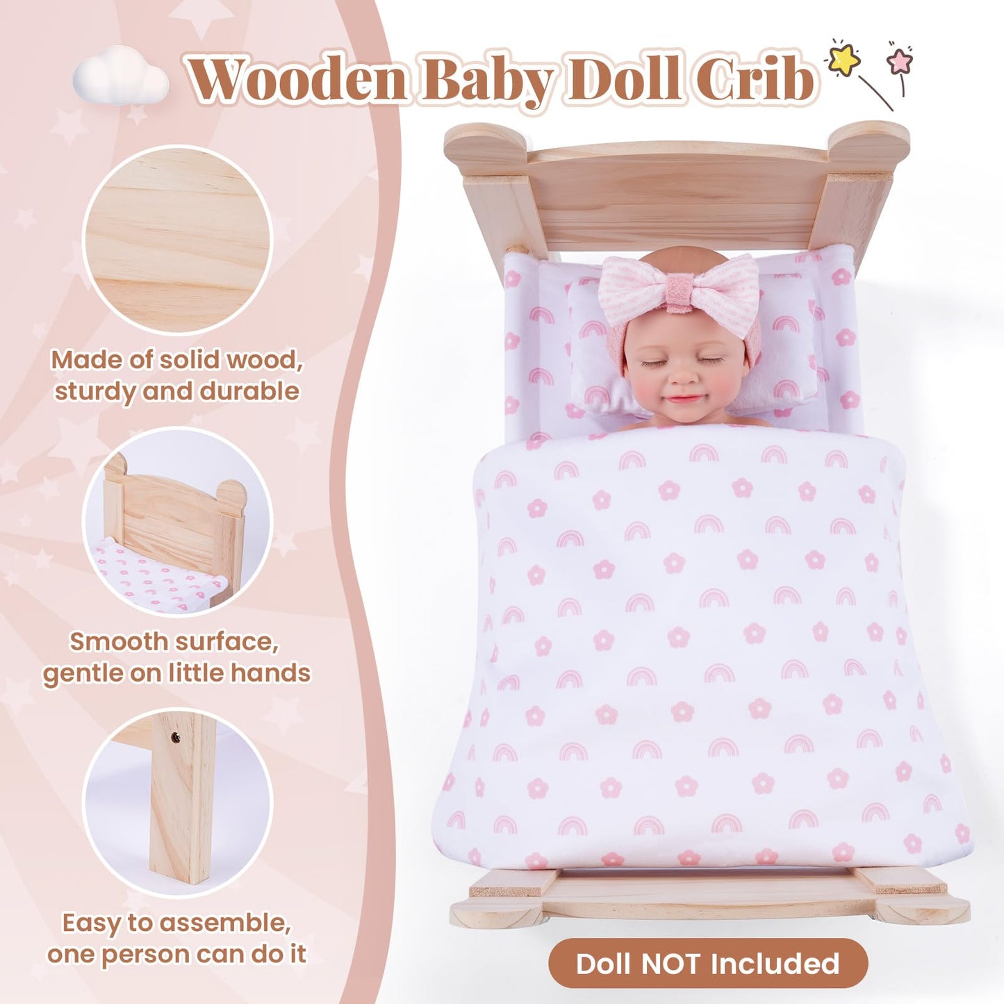 BABESIDE 3 Pcs Baby Doll Crib with Bedding Set — Wooden Doll Bed for 12-16 Inch Dolls