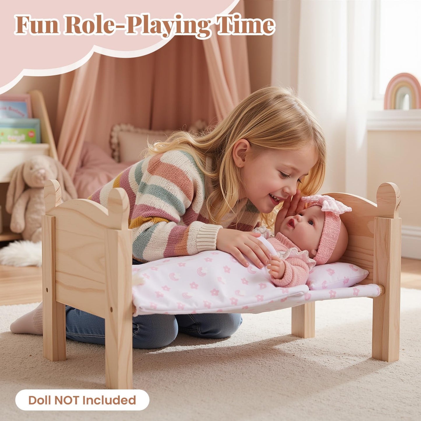 BABESIDE 3 Pcs Baby Doll Crib with Bedding Set — Wooden Doll Bed for 12-16 Inch Dolls