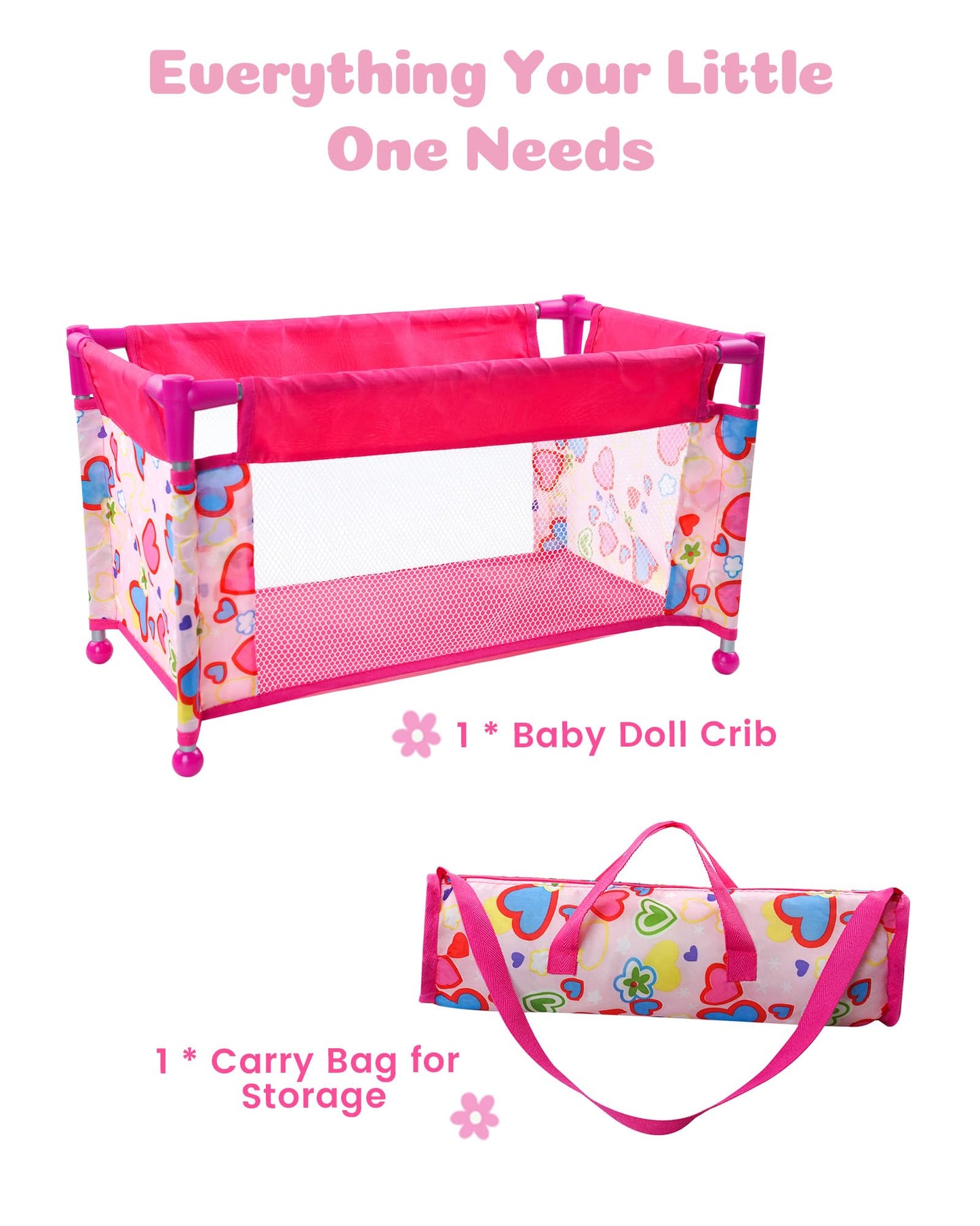 BABESIDE 18-Inch Baby Doll Crib – Portable Pink Playpen with Storage