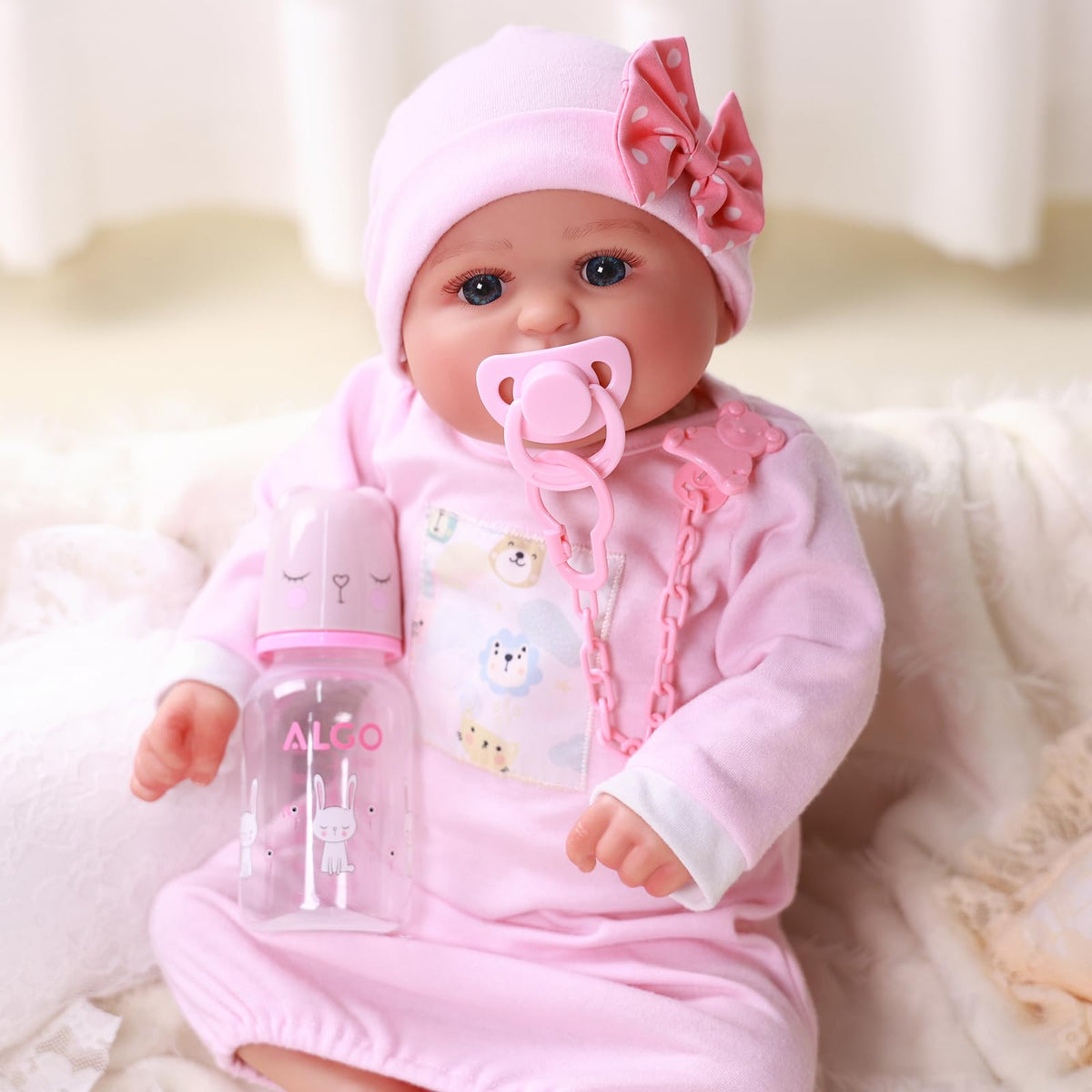 BABESIDE 6 Pcs Reborn Doll Accessories Set – Bear Pattern Bottles & Magnetic Pacifiers