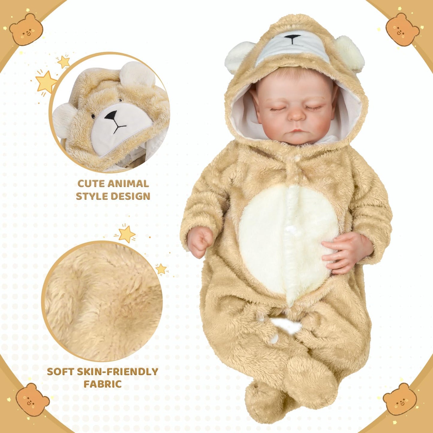 BABESIDE Reborn Baby Doll Clothes Set for 17-22 Inch Dolls — Khaki Bear Onesie & Hat