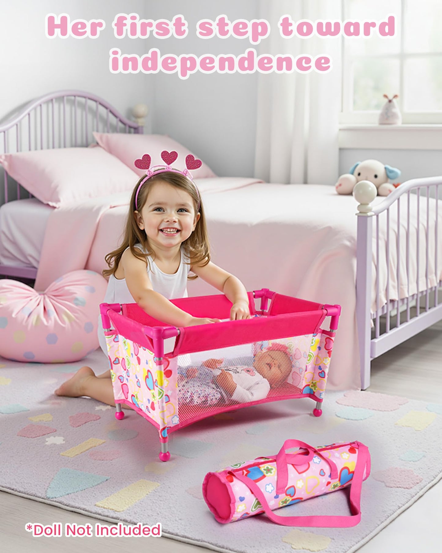 BABESIDE 18-Inch Baby Doll Crib – Portable Pink Playpen with Storage