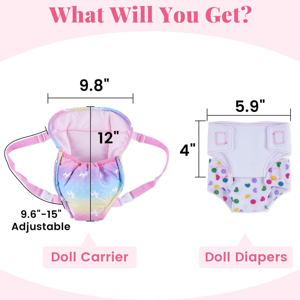 BABESIDE Baby Doll Carrier with 2 Diapers — 12-15 Inch Doll Accessories Set