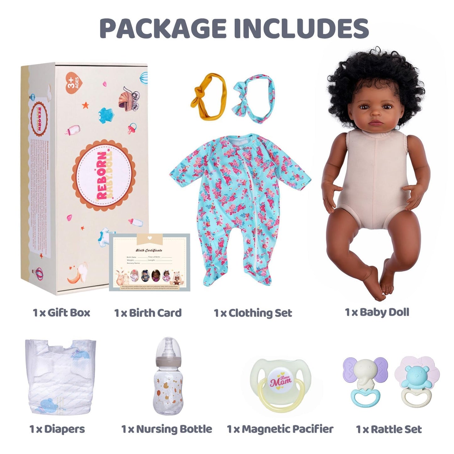 BABESIDE Lifelike Reborn Black Girl — 18-Inch Realistic Newborn Baby Doll with Clothes & Accessories | Gift for Kids 3+