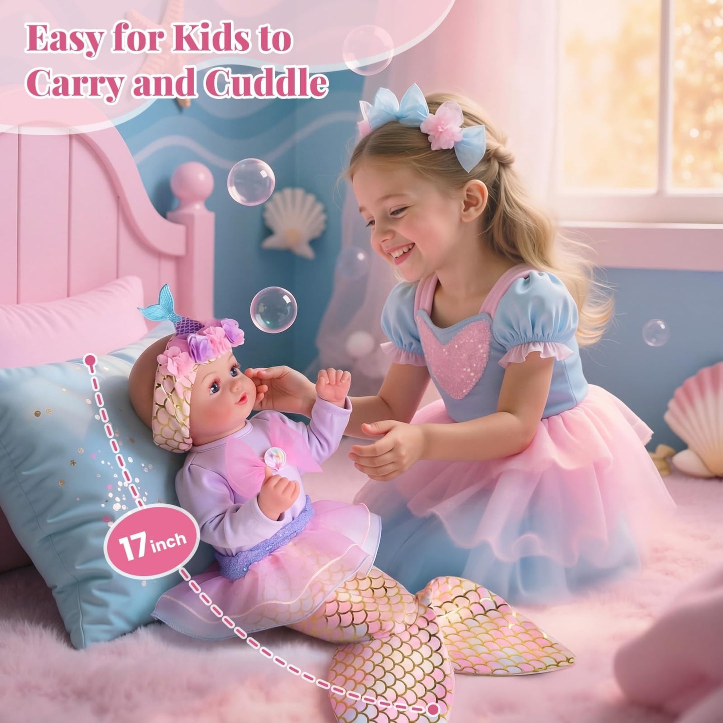 BABESIDE Mermaid Baby Doll - 17-Inch Realistic Soft Doll with Mermaid Tail for 3+ | Pretend Play & Gift