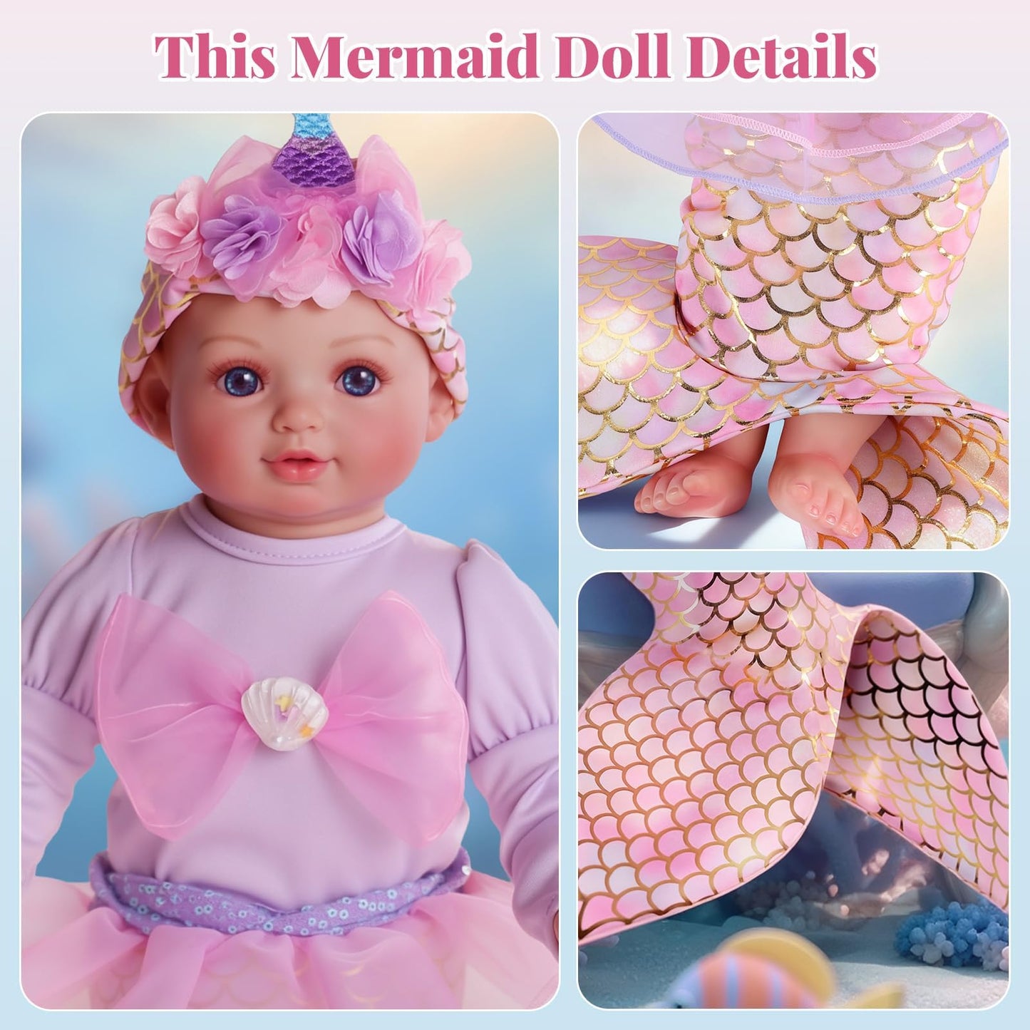 BABESIDE Mermaid Baby Doll - 17-Inch Realistic Soft Doll with Mermaid Tail for 3+ | Pretend Play & Gift