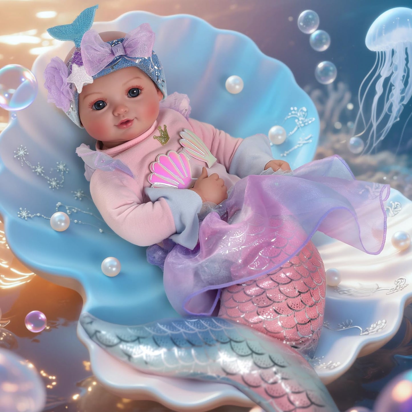 BABESIDE Mermaid Baby Doll 15-Inch: Realistic Soft Baby Doll with Shiny Mermaid Tail & Accessories