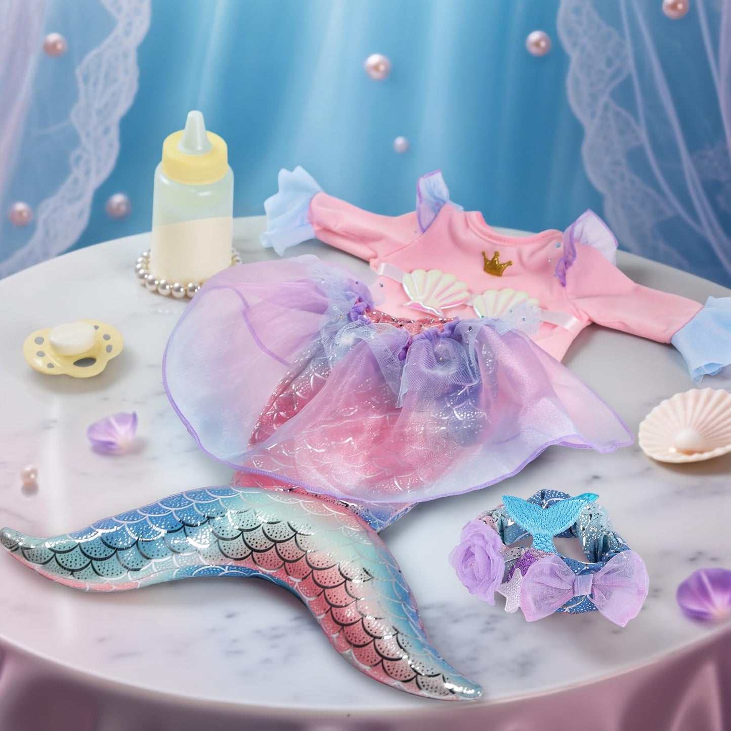 BABESIDE Mermaid Baby Doll 15-Inch: Realistic Soft Baby Doll with Shiny Mermaid Tail & Accessories