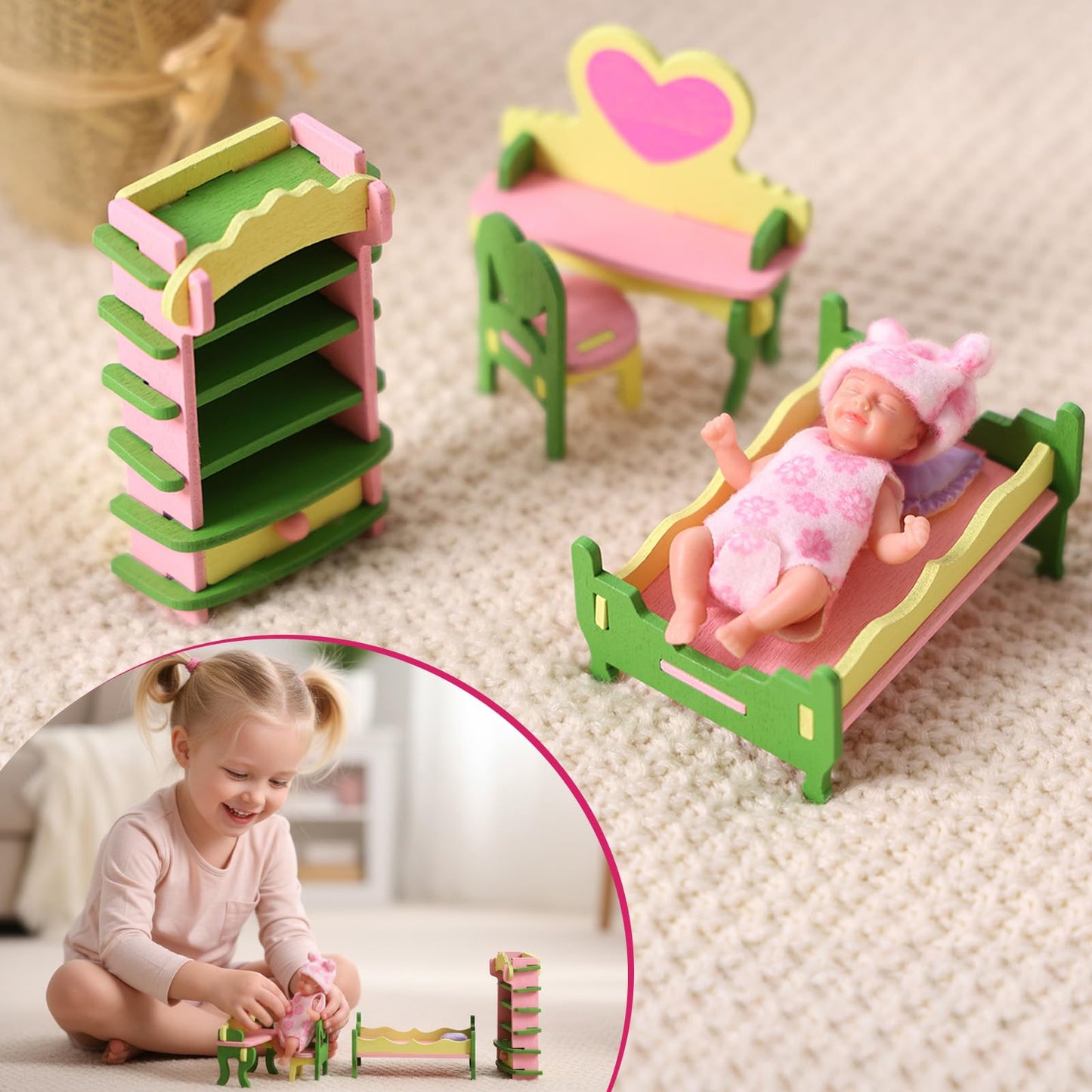 BABESIDE Mini Silicone Baby Doll 3-Inch – Realistic Newborn with Playset (Pink)