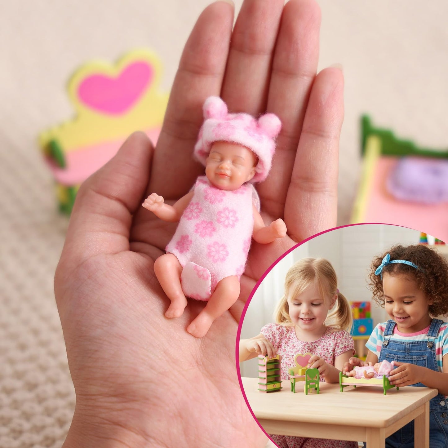 BABESIDE Mini Silicone Baby Doll 3-Inch – Realistic Newborn with Playset (Pink)