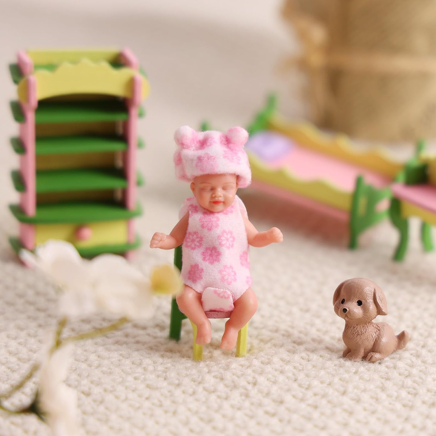 BABESIDE Mini Silicone Baby Doll 3-Inch – Realistic Newborn with Playset (Pink)
