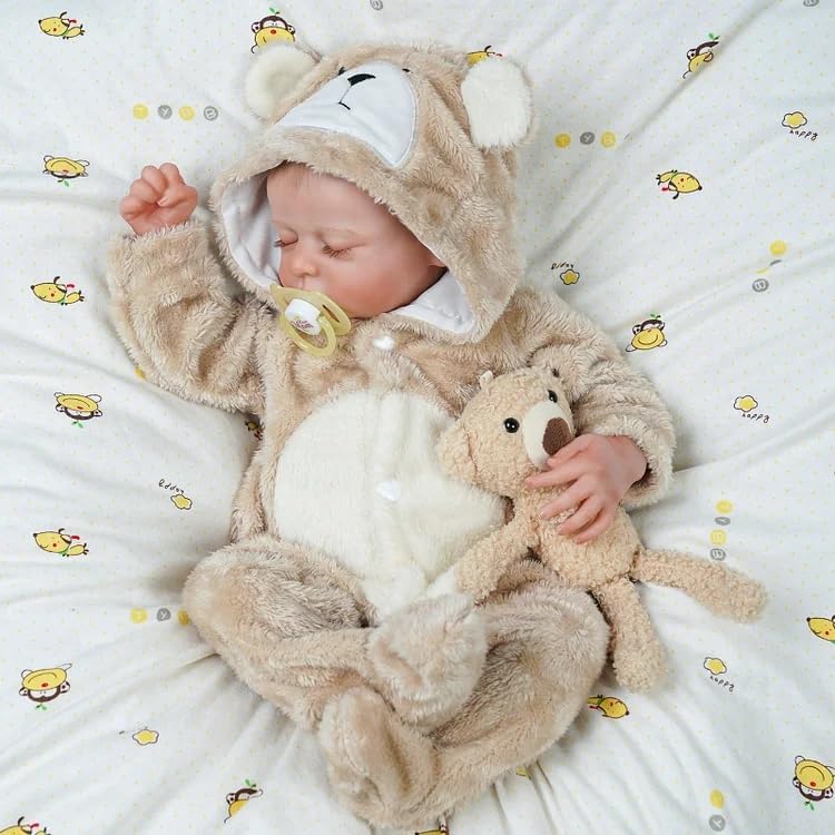 BABESIDE Reborn Baby Doll Clothes Set for 17-22 Inch Dolls — Khaki Bear Onesie & Hat