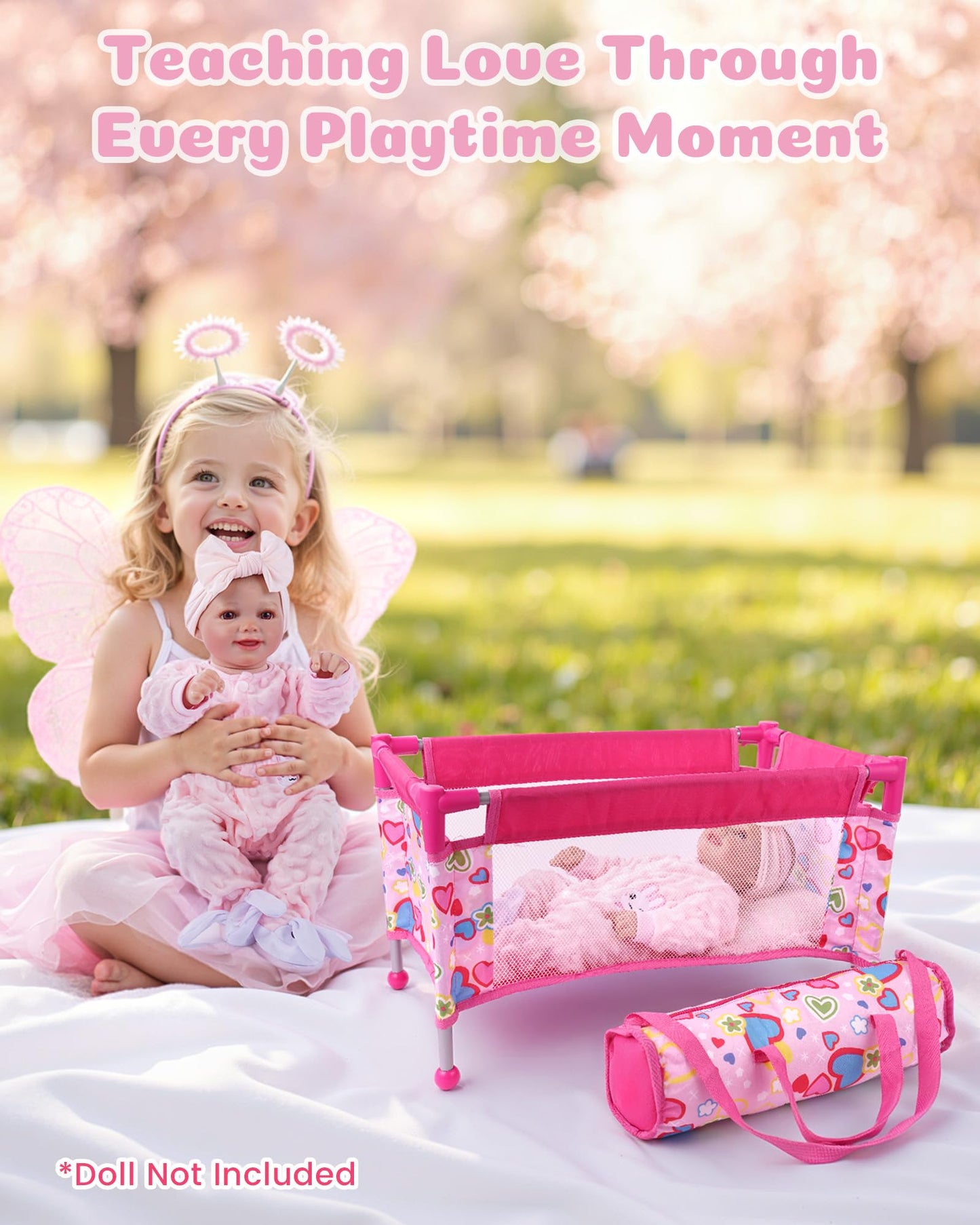 BABESIDE 18-Inch Baby Doll Crib – Portable Pink Playpen with Storage