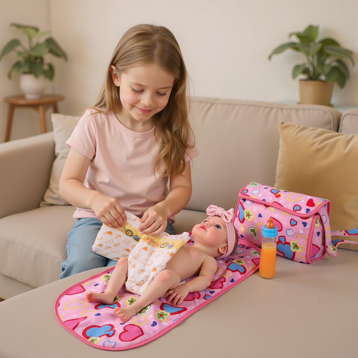 BABESIDE 5 Pcs Baby Doll Diaper Bag Set with Magic Bottles for 12-16 Inch Dolls