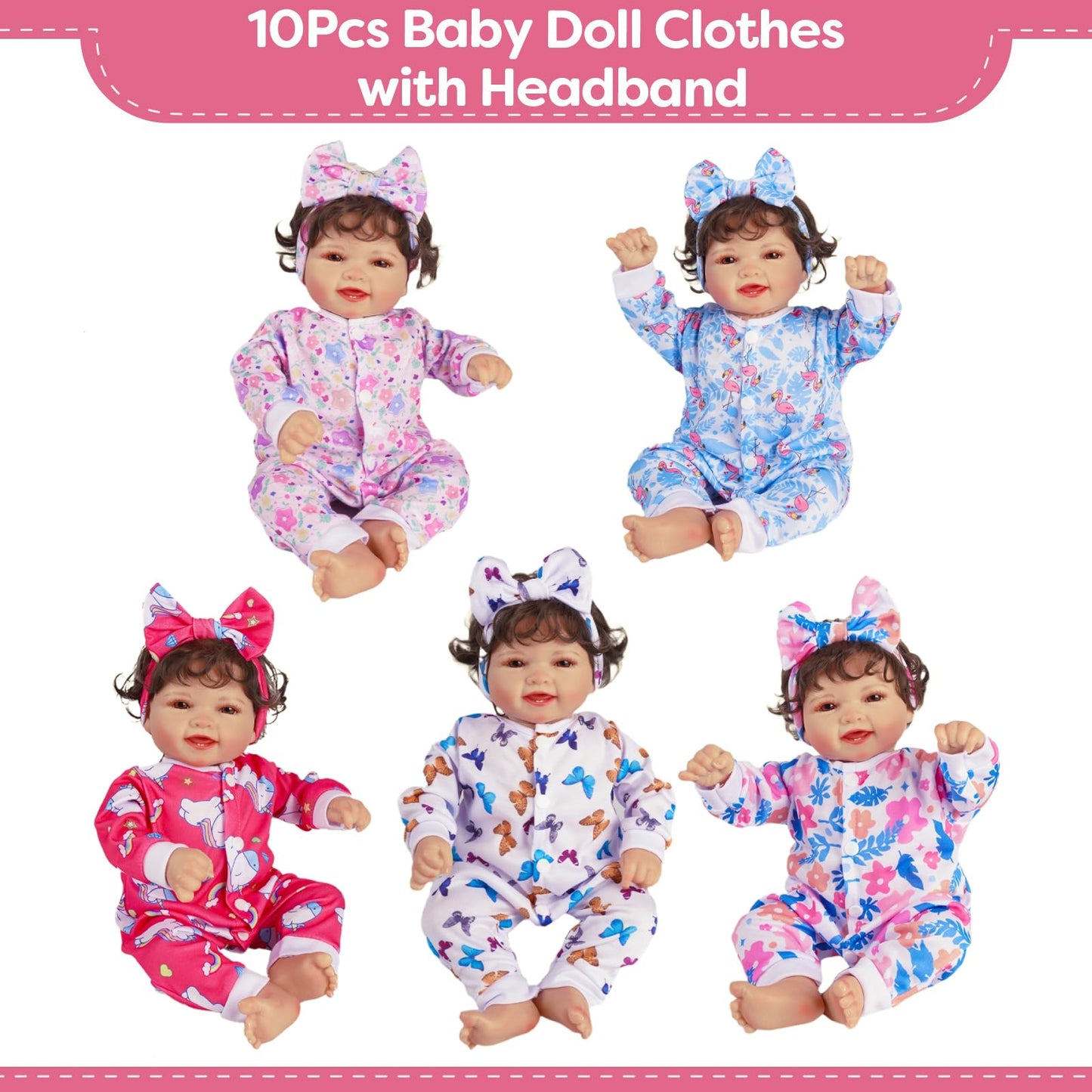 BABESIDE Reborn Doll Clothes for 17-22 Inch Dolls — 10-Piece Rompers + Headbands Set