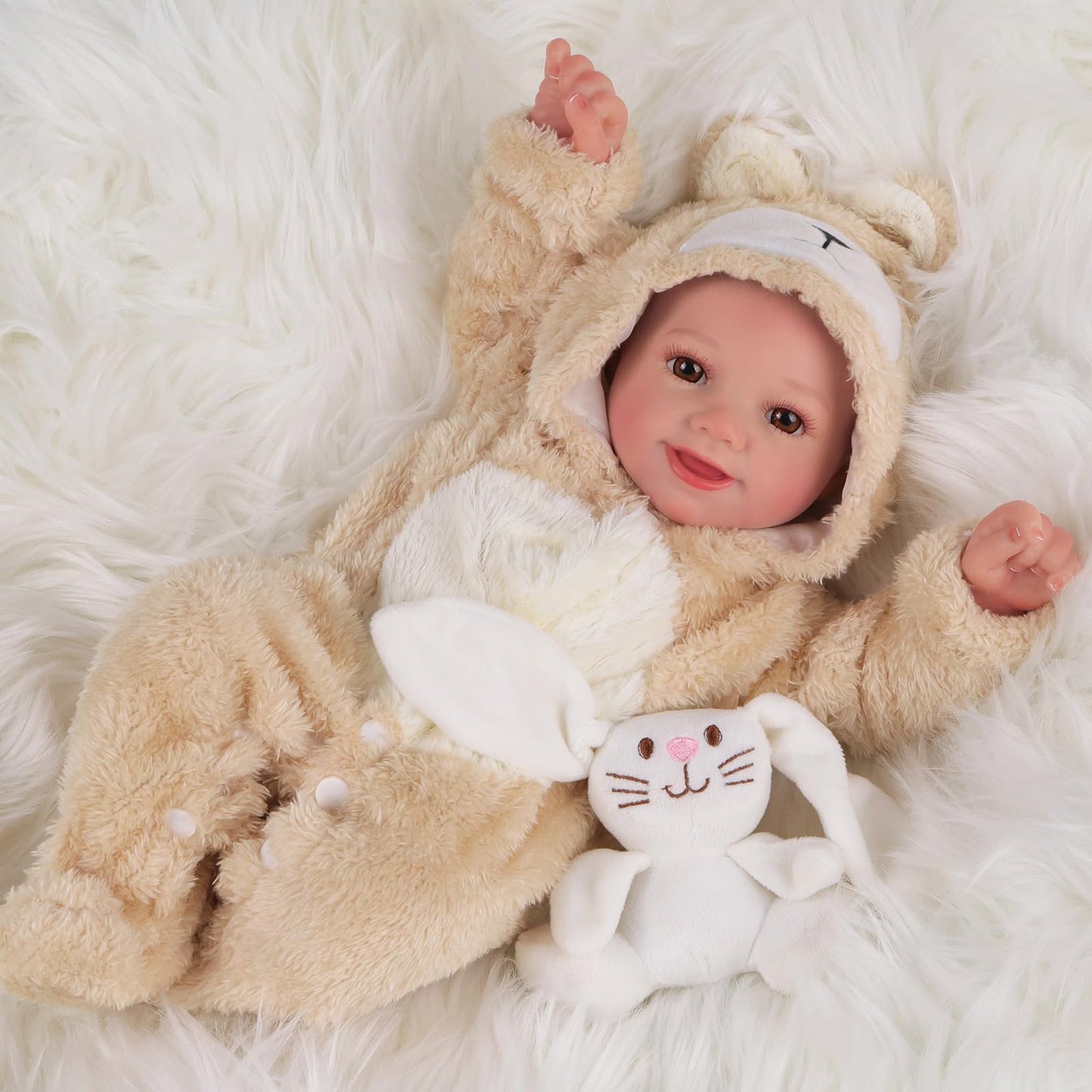 BABESIDE Reborn Baby Doll Clothes Set for 17-22 Inch Dolls — Khaki Bear Onesie & Hat