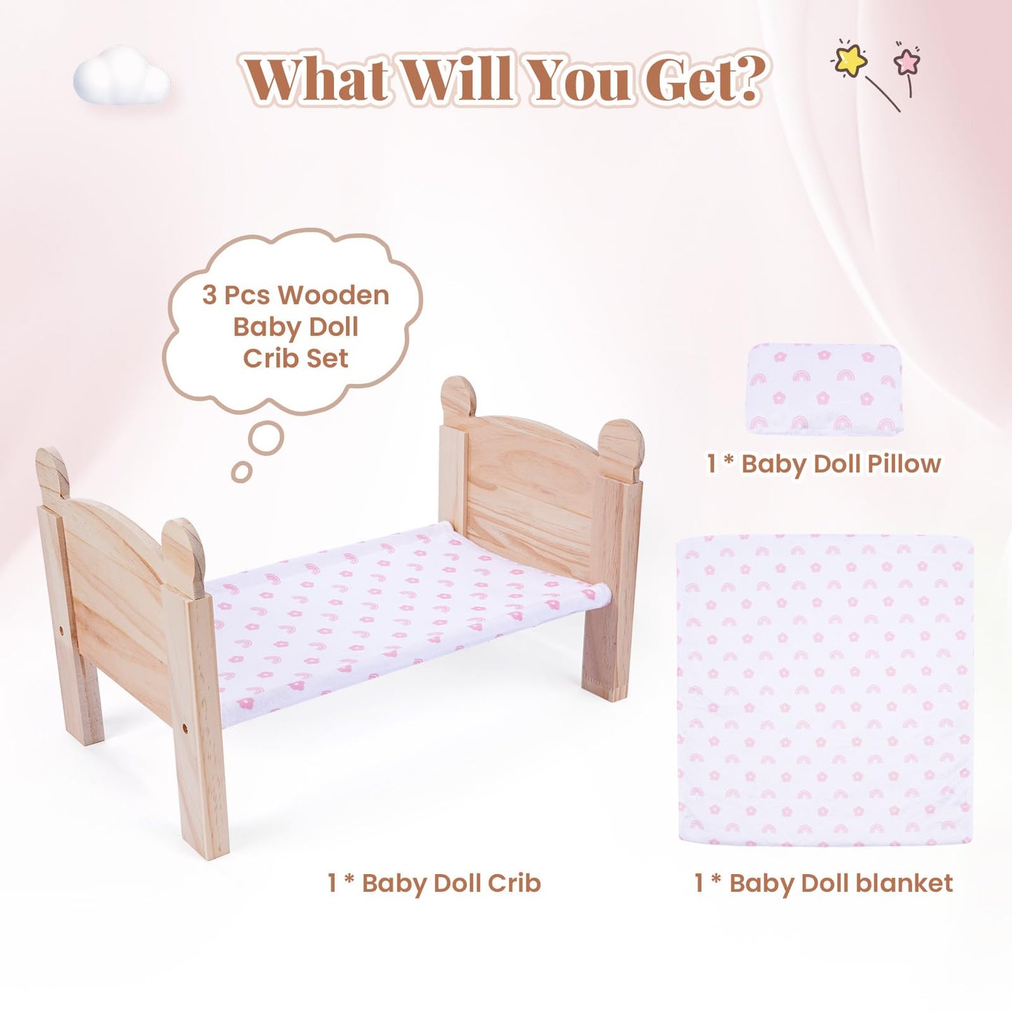 BABESIDE 3 Pcs Baby Doll Crib with Bedding Set — Wooden Doll Bed for 12-16 Inch Dolls
