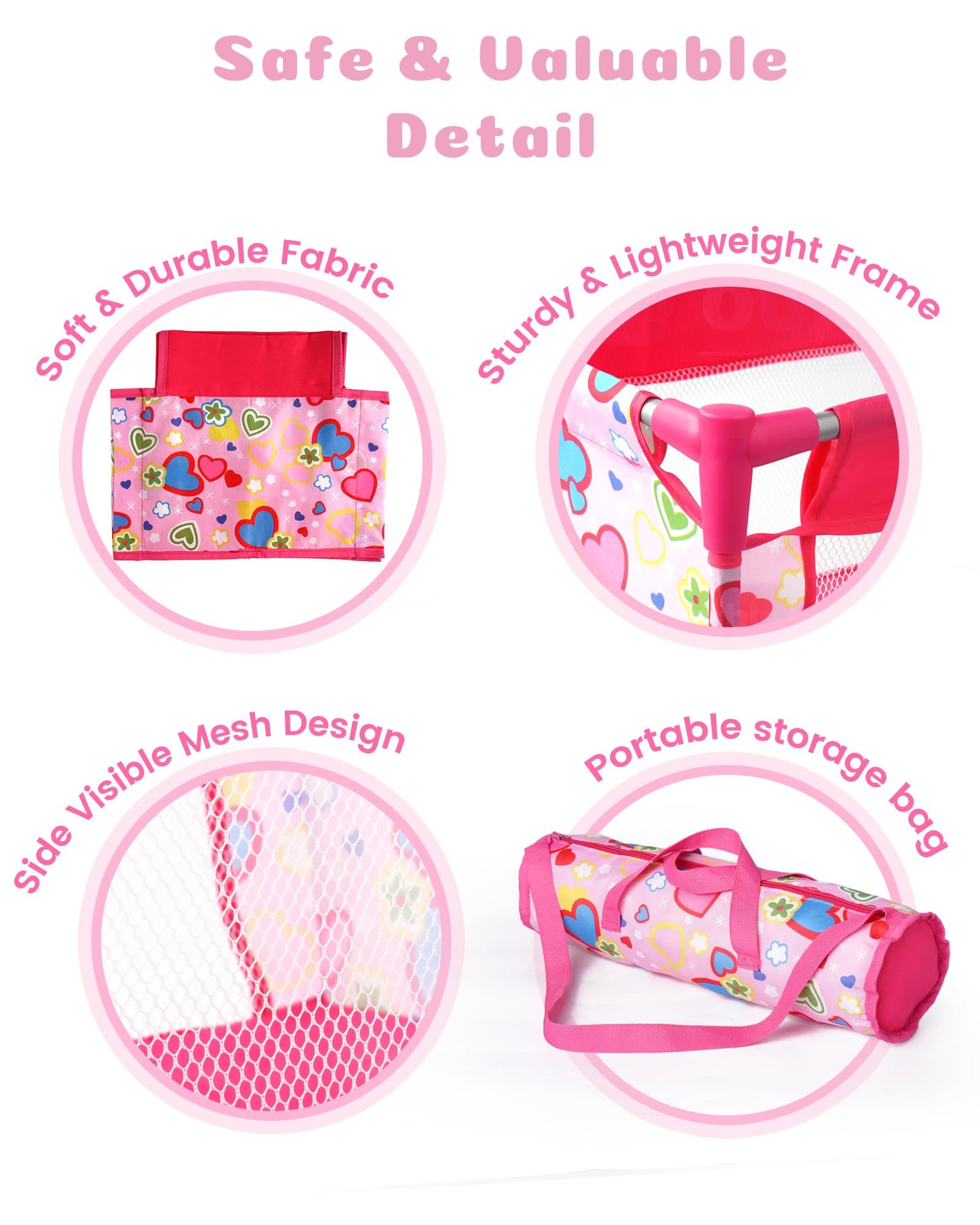 BABESIDE 18-Inch Baby Doll Crib – Portable Pink Playpen with Storage