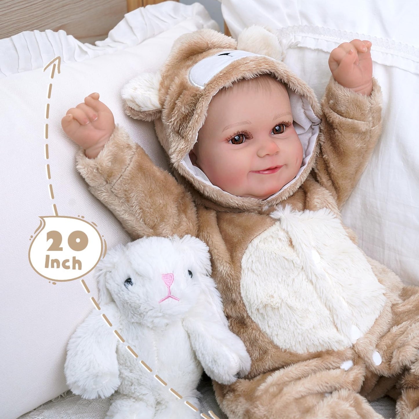 BABESIDE Reborn Baby Doll Clothes Set for 17-22 Inch Dolls — Khaki Bear Onesie & Hat