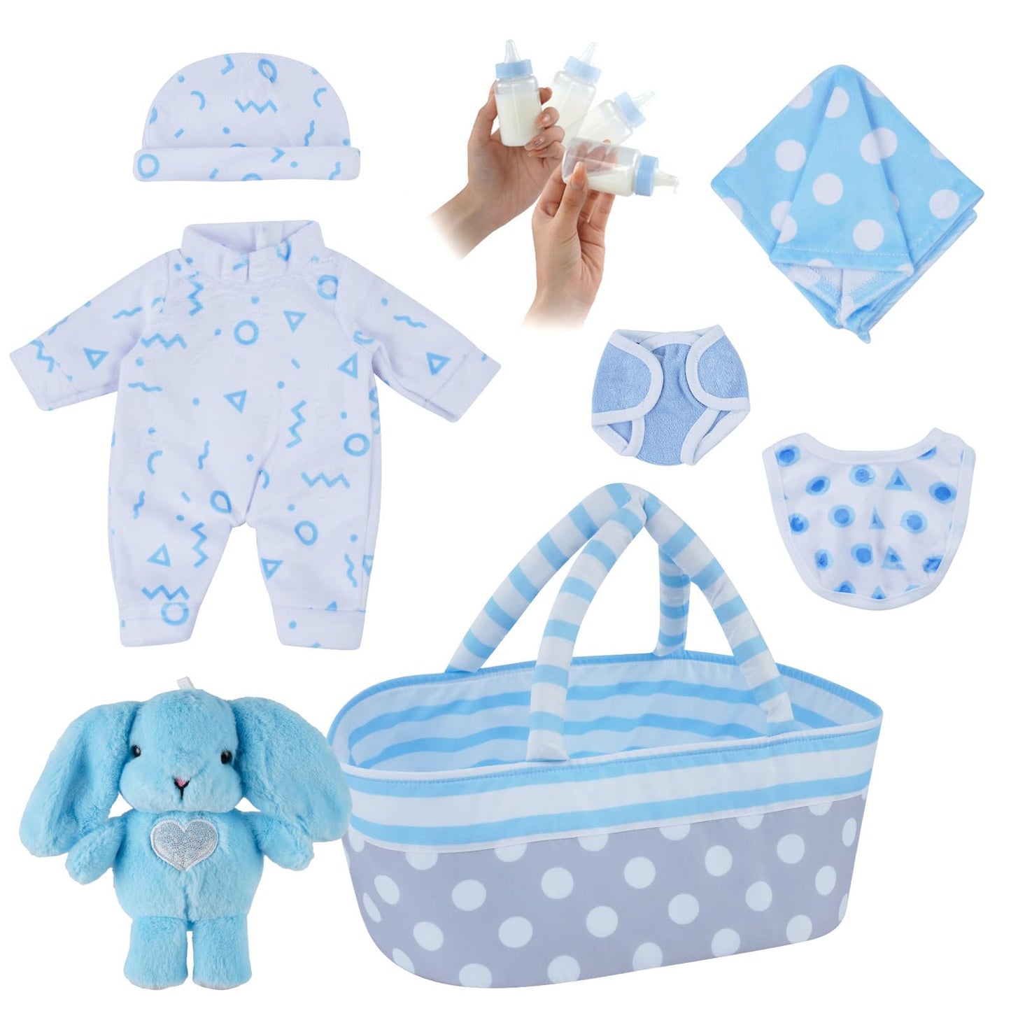 BABESIDE 8 Pcs Doll Clothes Set with Bassinet for 8-12 Inch Dolls, Blue