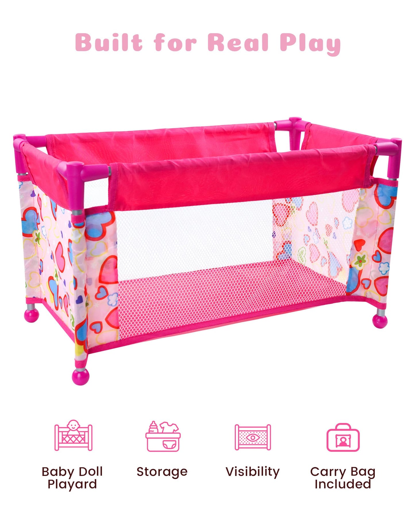 BABESIDE 18-Inch Baby Doll Crib – Portable Pink Playpen with Storage